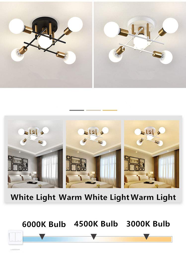 Modern Ceiling Chandelier Lighting - Contemporary Rustic Semi Flush Mount Ceiling Lamp - Minimalist Industrial Light Fixtures for Living Room, Bedroom, Dining Room - Black 5-Light Interior Decor