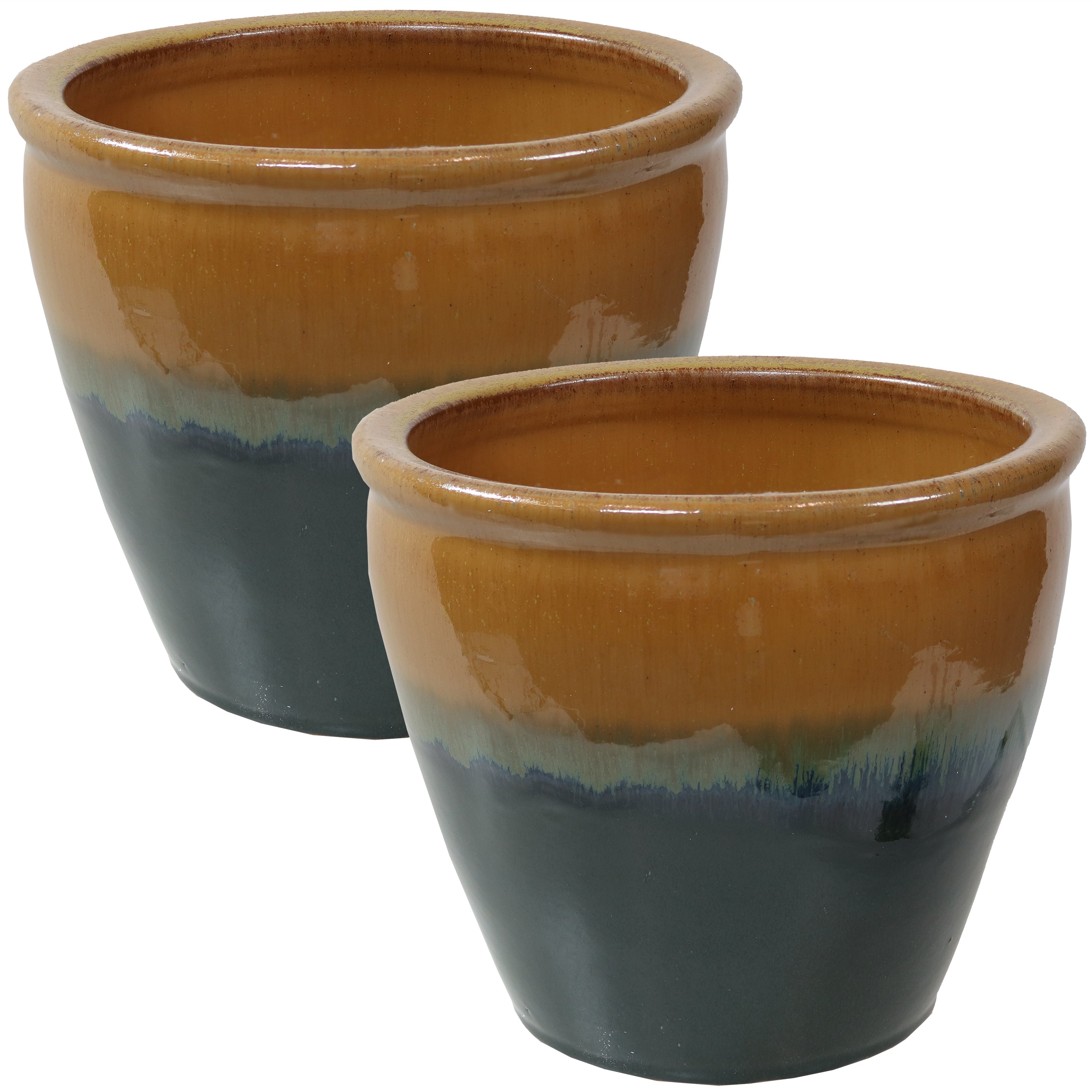Sunnydaze Chalet Glazed Ceramic Plant Pots with Drainage Holes - Set of 2, Indoor Outdoor Garden Decor for Flowers, Succulents, Herbs - Perfect for Patio, Balcony, and Home Décor