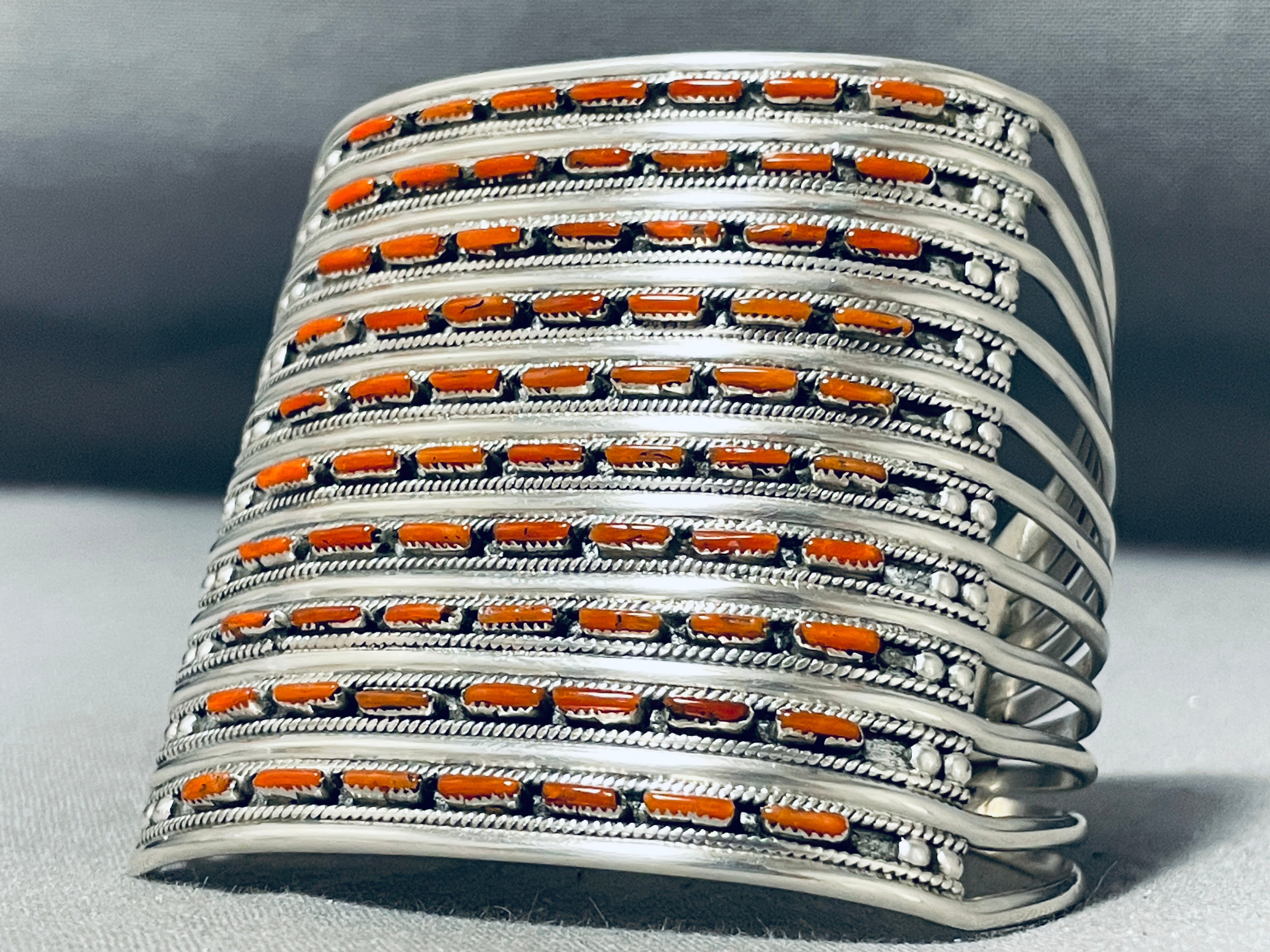 10 Story Tall Native American Coral Sterling Silver Cuff Bracelet - Handmade Southwest Jewelry for Women, Boho Fashion Accessory, Perfect for Festivals & Special Occasions