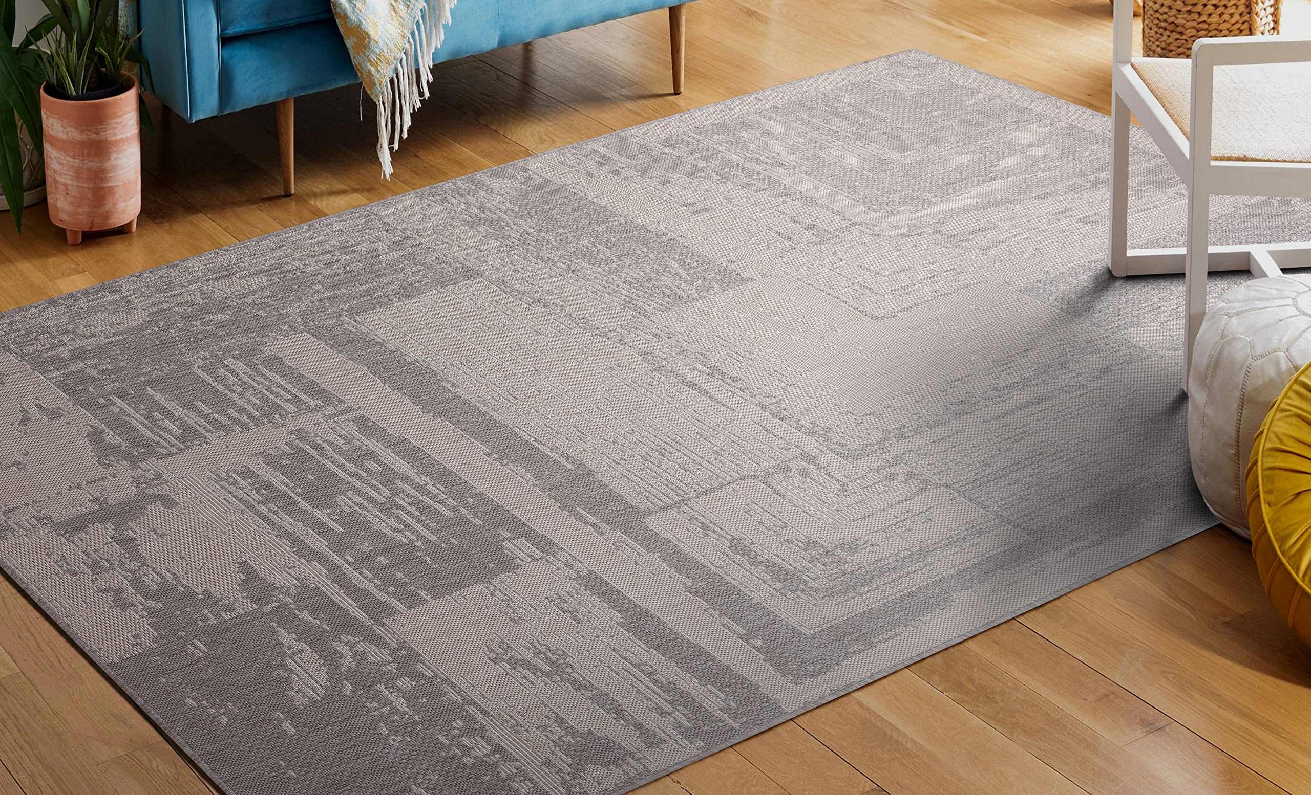 Modern Abstract Indoor/Outdoor Area Rug 5x7 - Weather Resistant, Non-Slip - Perfect for Porch, Deck, Balcony, Backyard & Patio - Gray Home Decor
