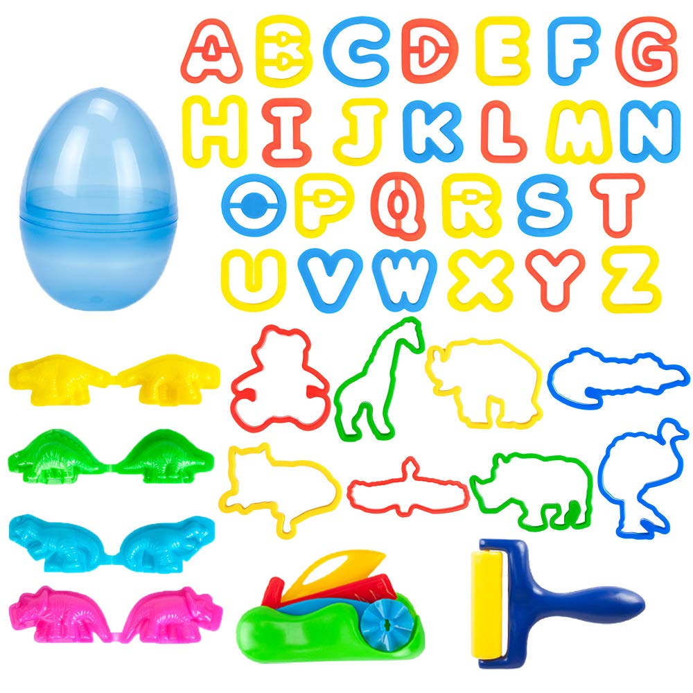 Dinosaur Play Dough Tools Set for Kids - 45Pcs Clay Accessories with Molds, Rollers & Cutters | Creative Art Clay Kit with Plastic Animal & Letter Molds for Sensory Play, Early Learning & DIY Crafts