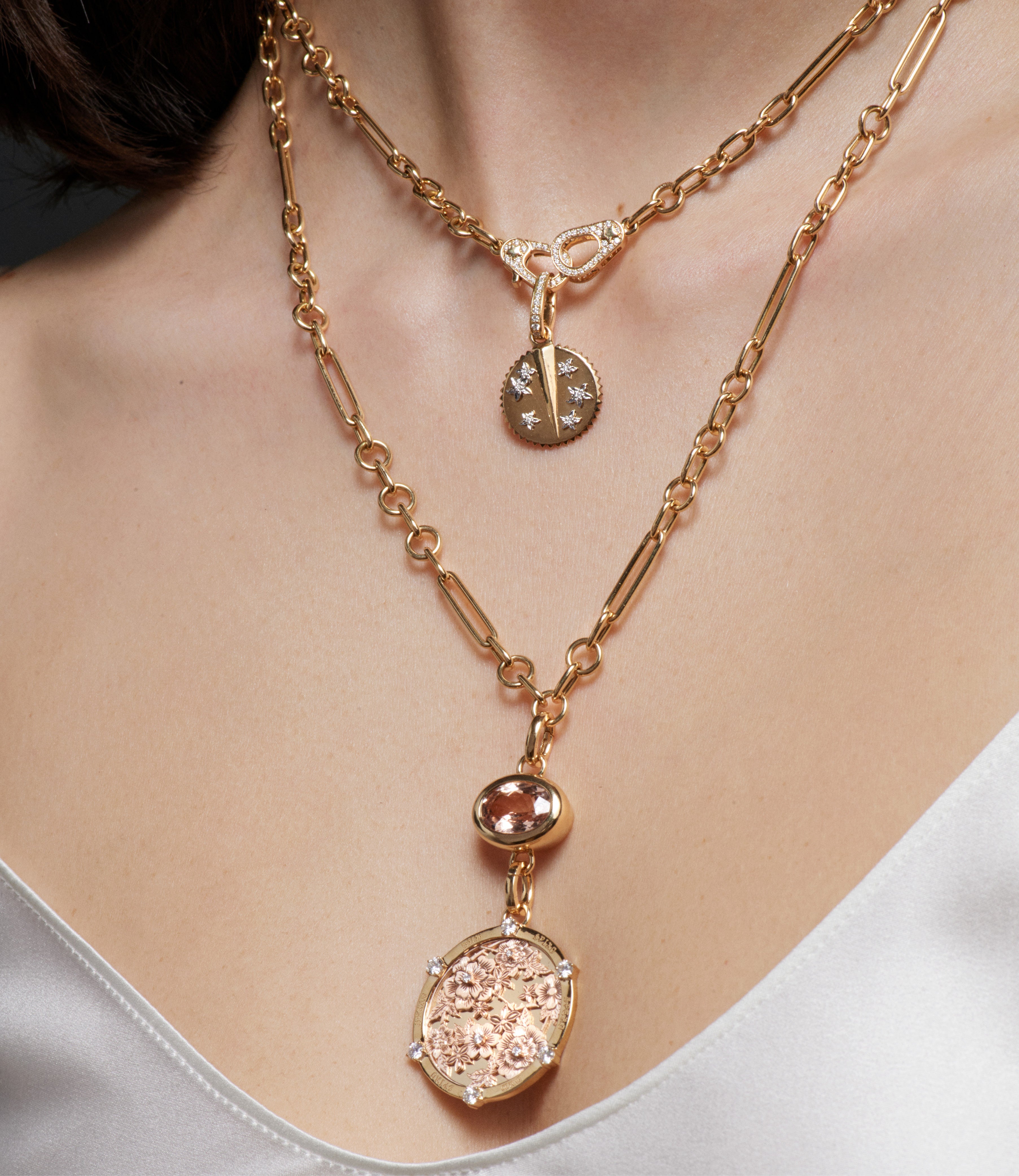 Floral Screen Resilience Large Medallion Necklace in Mixed Rose Gold with Diamonds & Annex Link - Elegant Jewelry for Weddings, Parties & Special Occasions