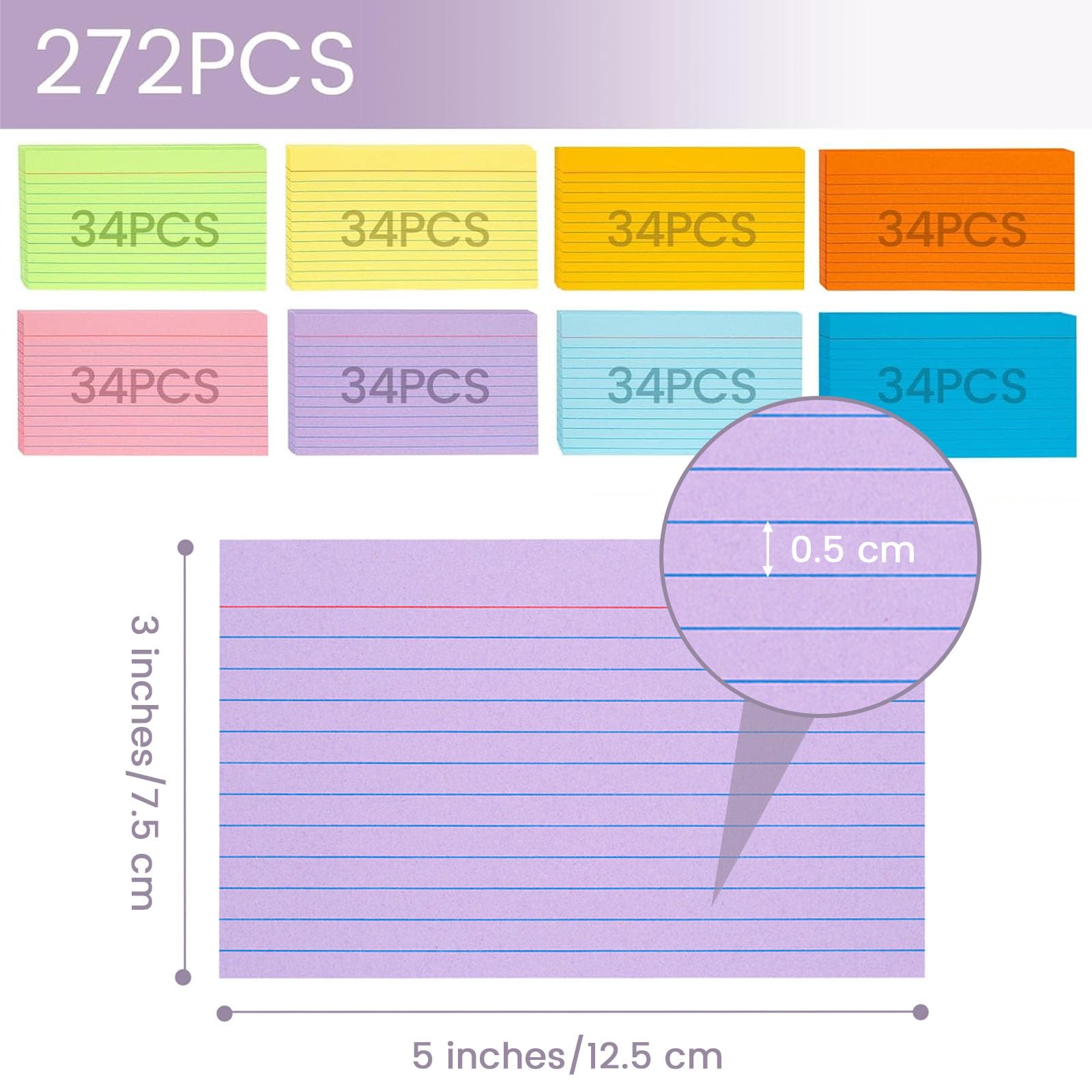 Koogel 3x5 Inch Index Cards, 272-Pack - Ruled Both Sides, 8 Colors for Study & Office