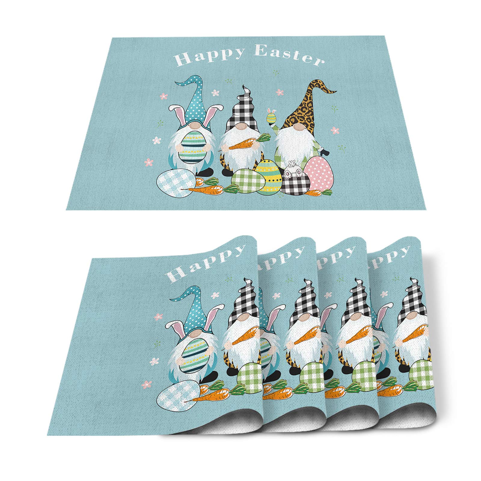 Funny Gnomes with Colorful Eggs Placemats Set of 4 - Stain Resistant Washable Kitchen Table Mats for Dining Room Decor, Spring Easter Floral Design - Perfect for Holiday Meals, Family Gatherings & Seasonal Home Decor