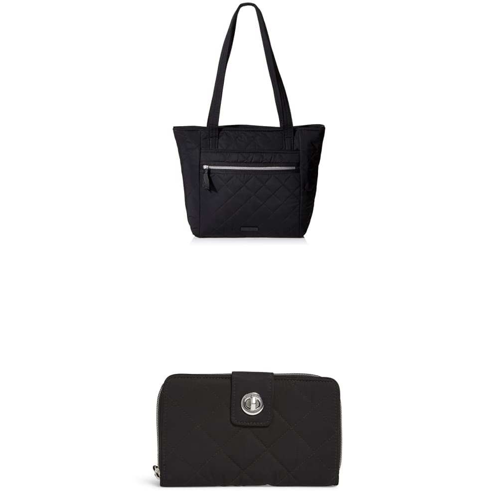 Vera Bradley Women's Performance Twill Small Vera Tote Handbag & Turnlock Wallet with RFID Protection - Classic Black Set | Perfect for Work, Travel & Everyday Use