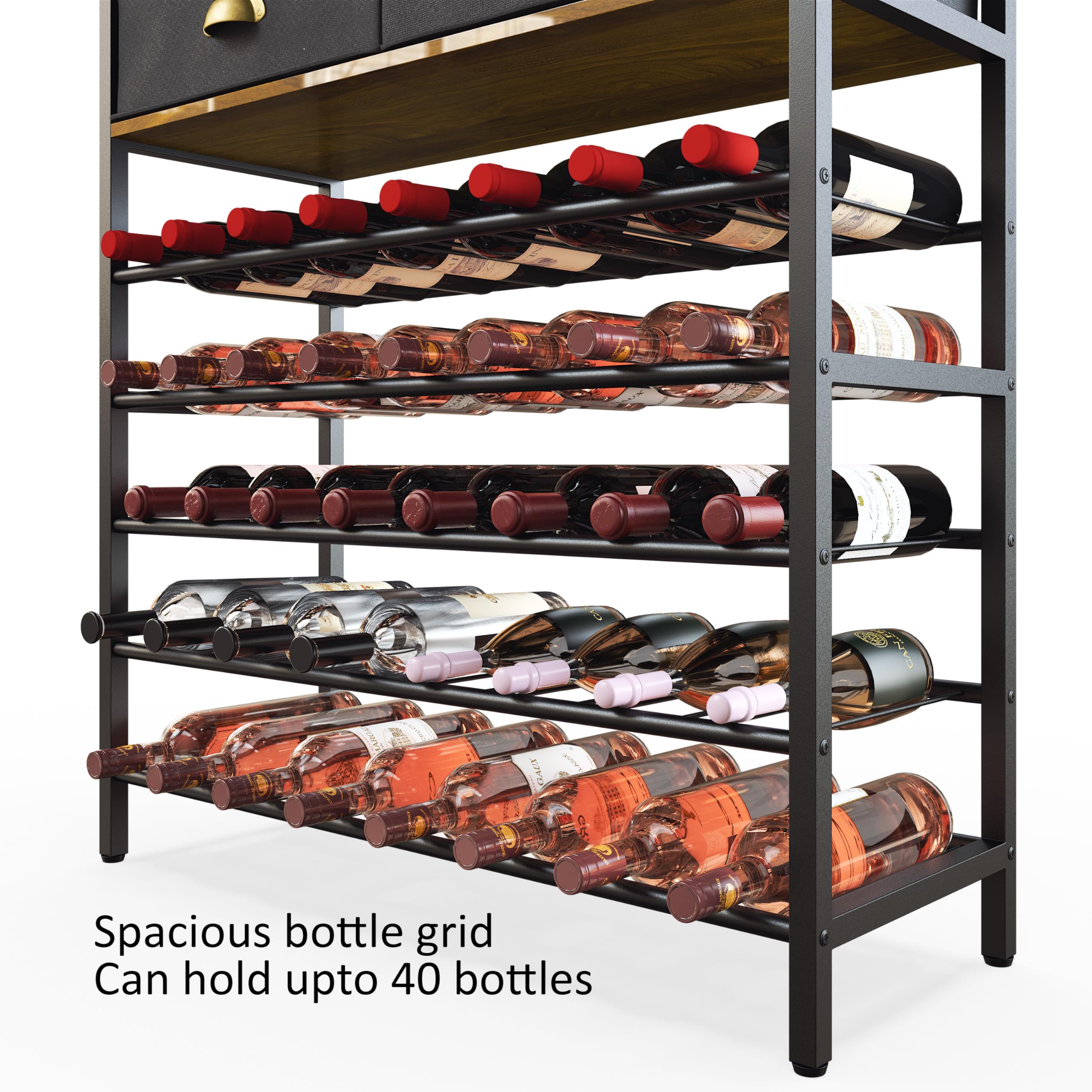 Freestanding Wine Rack with Glass Holder & 2 Storage Drawers - Modern Bar Cabinet with Shelves & Tabletop for Home Liquor & Wine Storage - Perfect for Dining Room, Kitchen, or Basement Bar Setup