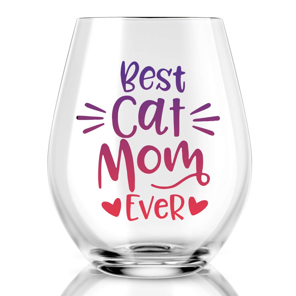 Funny Cat Mom Stemless Wine Glass - Best Cat Lover Gift for Women, Cat Dad, Veterinarian & Vet Tech - Perfect Birthday & Valentine's Present for Animal Rescue Enthusiasts - Great for Wine Nights & Cat-Themed Parties