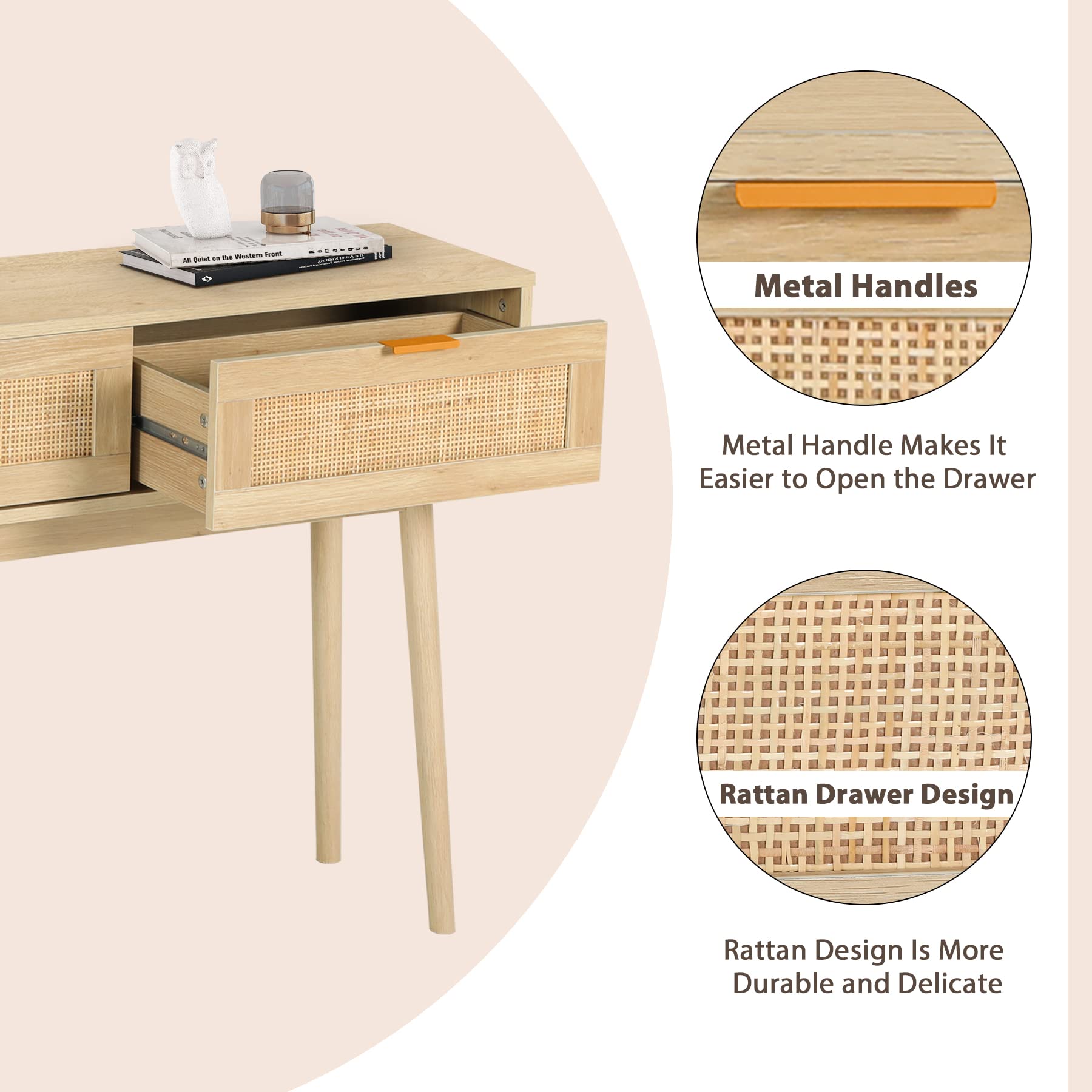 Rattan Console Table with 2 Drawers - Narrow Entryway Sofa Table with Storage for Hallway, Living Room & Bedroom - Natural Wood Accent Furniture for Behind Couch & Small Spaces