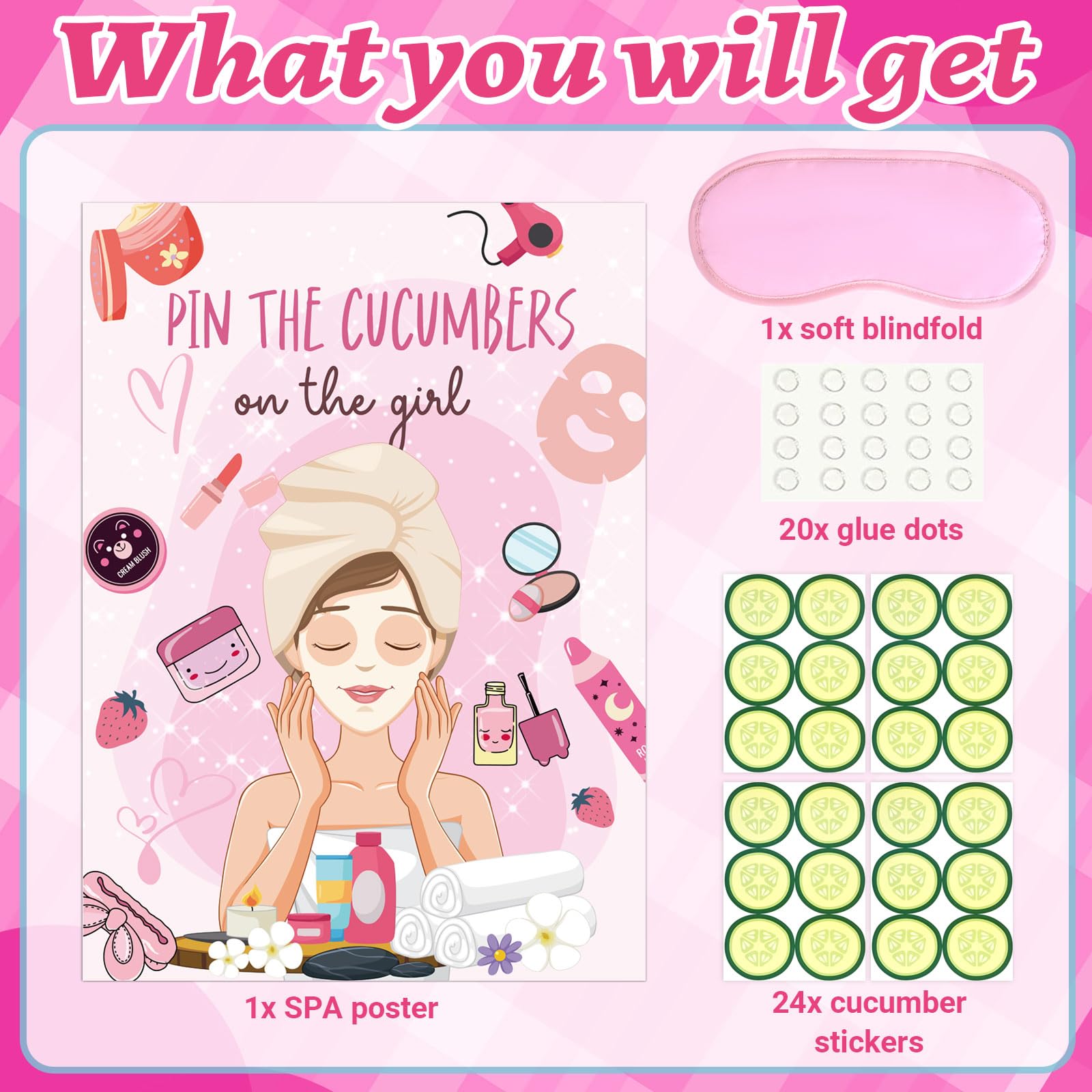 SPA Party Games Kit - Pin The Cucumbers on The Girl Game with Stickers, Poster & Blindfold - 20x27 Inch Spa Party Decorations for Kids, Girls & Women - Perfect for Makeup Parties, Birthday Parties & Girls Night Out Fun
