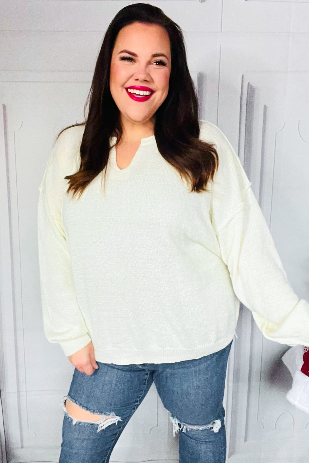 Ivory Oversized Notched Neck Patch Sweater - Cozy & Stylish Knit Pullover for Women | Perfect for Fall, Winter & Casual Outings