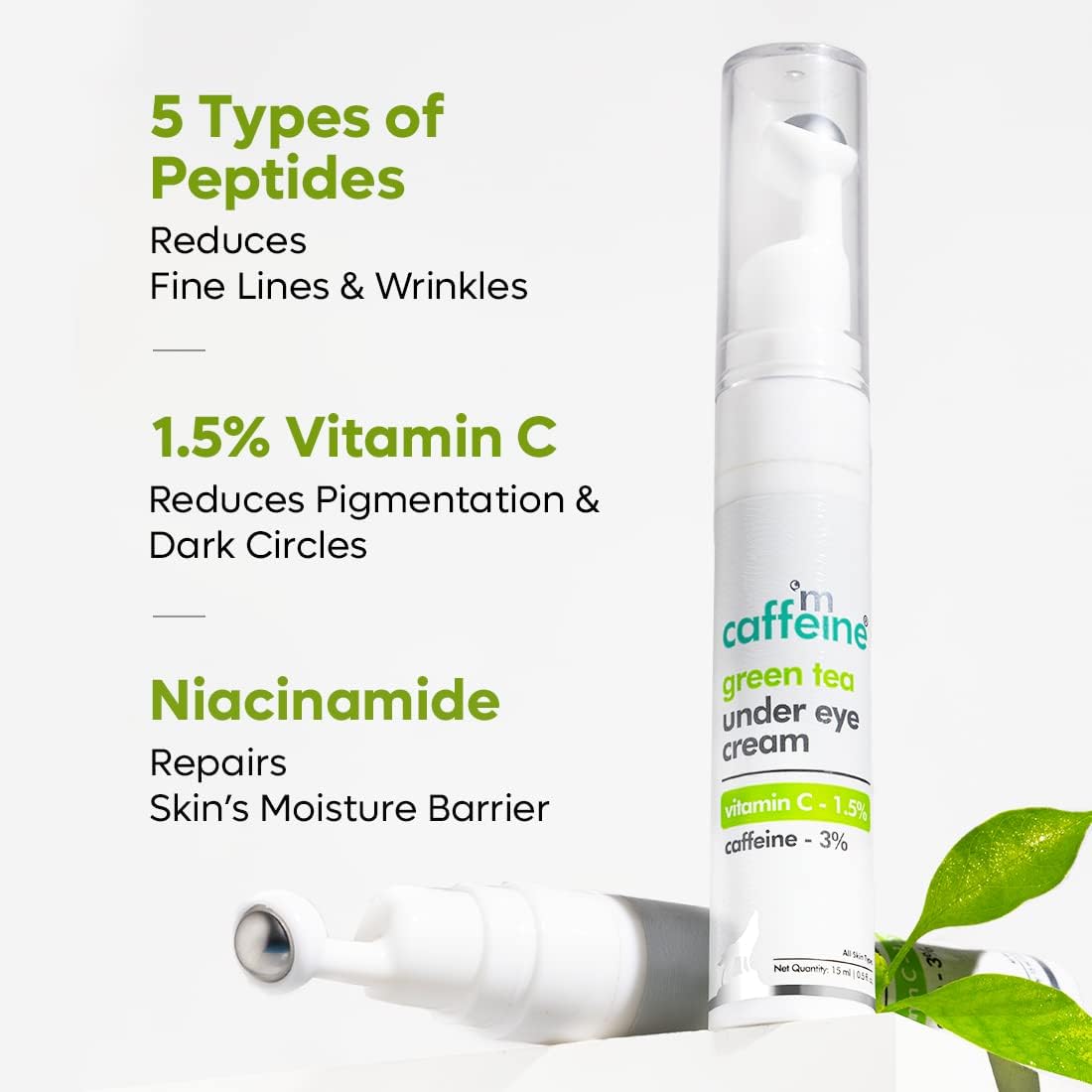 Green Tea Under Eye Cream for Dark Circles & Wrinkles - 3% Caffeine, 1.5% Vitamin C & Peptides to Reduce Puffiness & Brighten Skin - Cooling Gel with Roller Applicator for Men & Women - 15ml - Perfect for Morning Routine & Travel Skincare