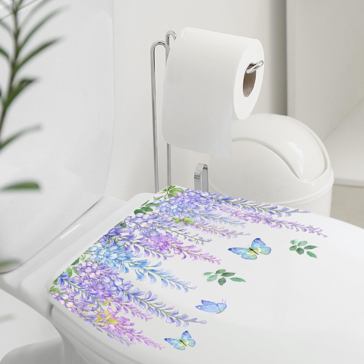 Butterfly Purple Flowers Toilet Cover Sticker Decals - Waterproof Self-Adhesive Bathroom Decor for Toilet Lid, Tank & Wall - Floral Butterfly Rose Leaf Design - Perfect for Home, Apartment & RV Bathroom Makeover