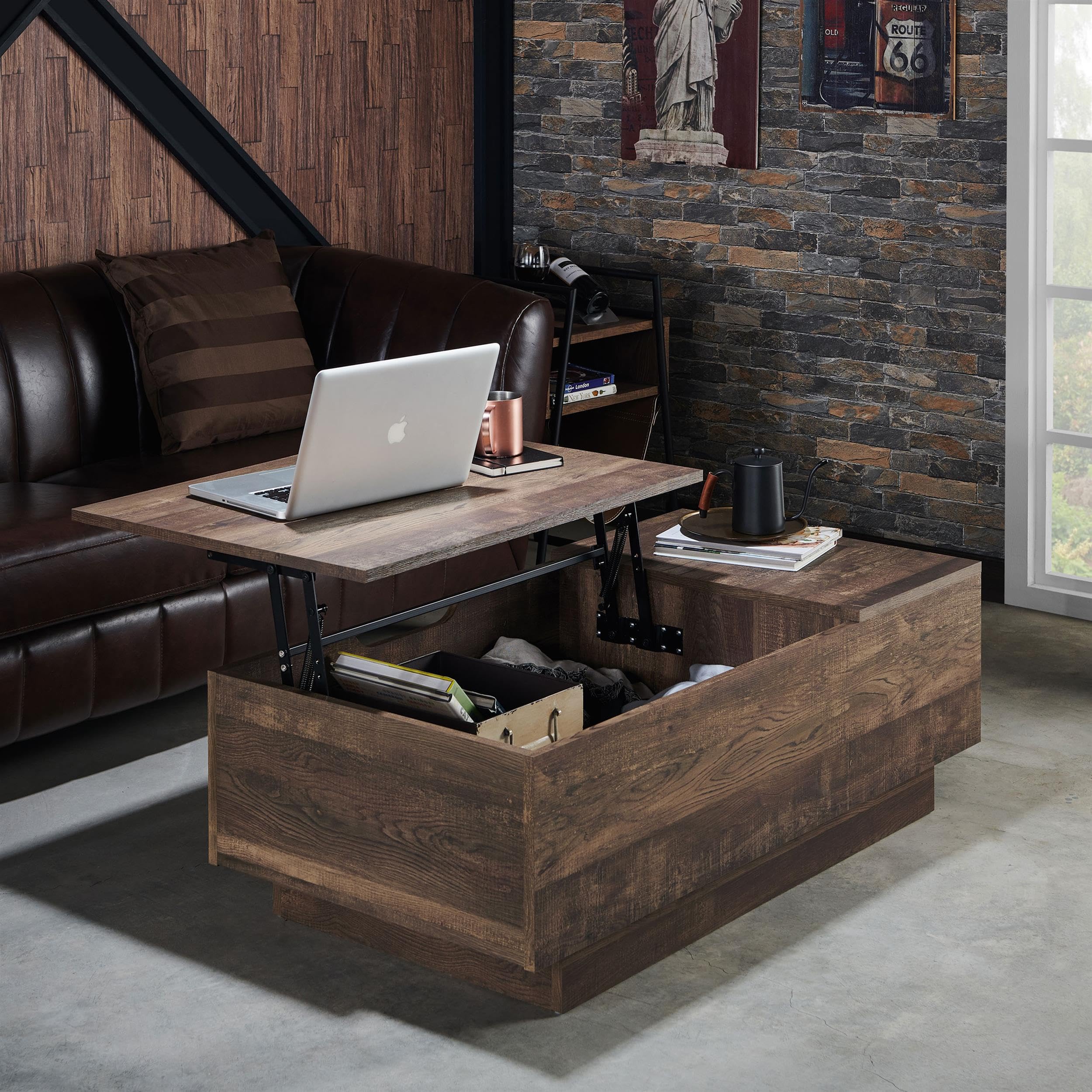 Furniture of America Harsin Reclaimed Oak Wood Lift-Top Coffee Table with Storage - Rustic Modern Living Room Centerpiece for Small Spaces & Home Office