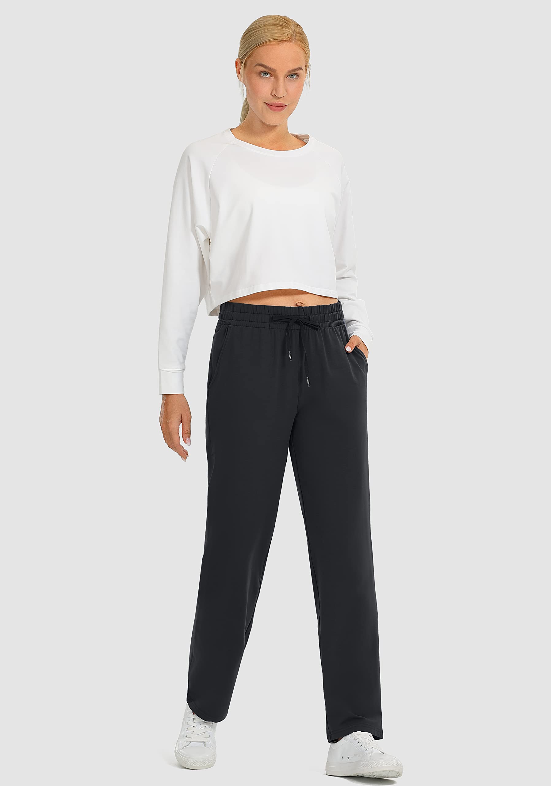 **SANTINY Women's High-Waisted Cotton Sweatpants - Soft Lounge & Yoga Pants with Pockets - Comfortable Casual Pants for Home, Workout & Travel**