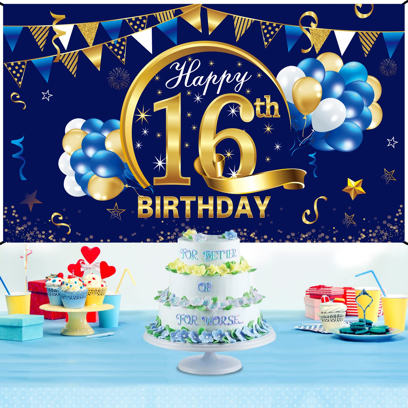 Blue & Gold 16th Birthday Banner Decorations for Boys - Happy Sixteen Party Backdrop, Photo Props & Sign - Perfect for Sweet 16 Celebrations, Teen Parties & Photo Booths