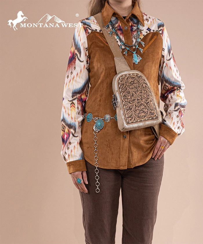 Montana West Tooled Leather Concealed Carry Sling Bag for Men & Women - Crossbody Shoulder Bag with Hidden Gun Pocket - Perfect for Hiking, Travel & Everyday Use
