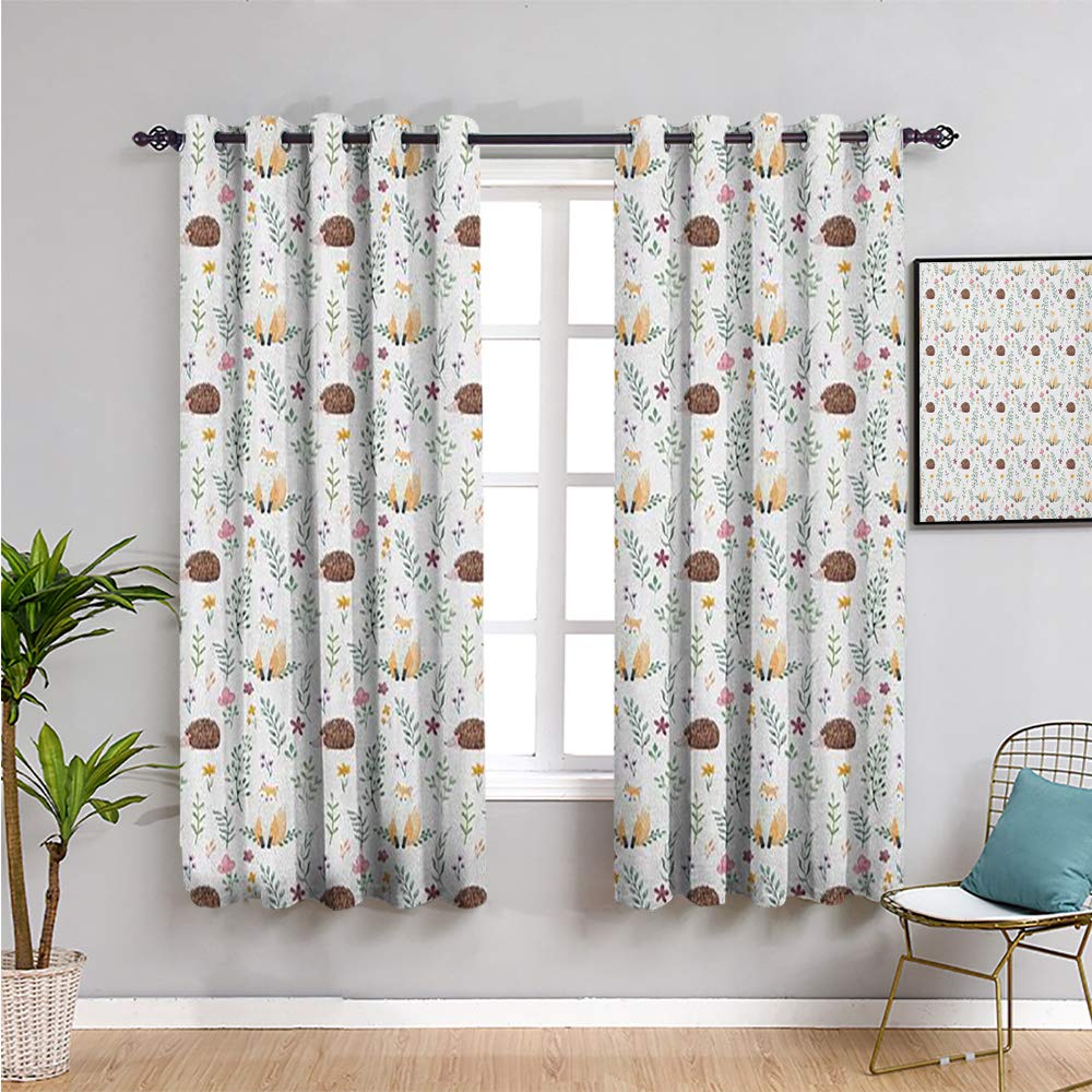 Blackout Curtains for Living Room - 84 Inch Length Forest Wildlife Design with Watercolor Hedgehog & Fox, Nature Theme Kids Room Decor (2 Panels, 108x84 Inch, Multicolor) - Perfect for Nursery, Bedroom & Home Theater Light Blocking