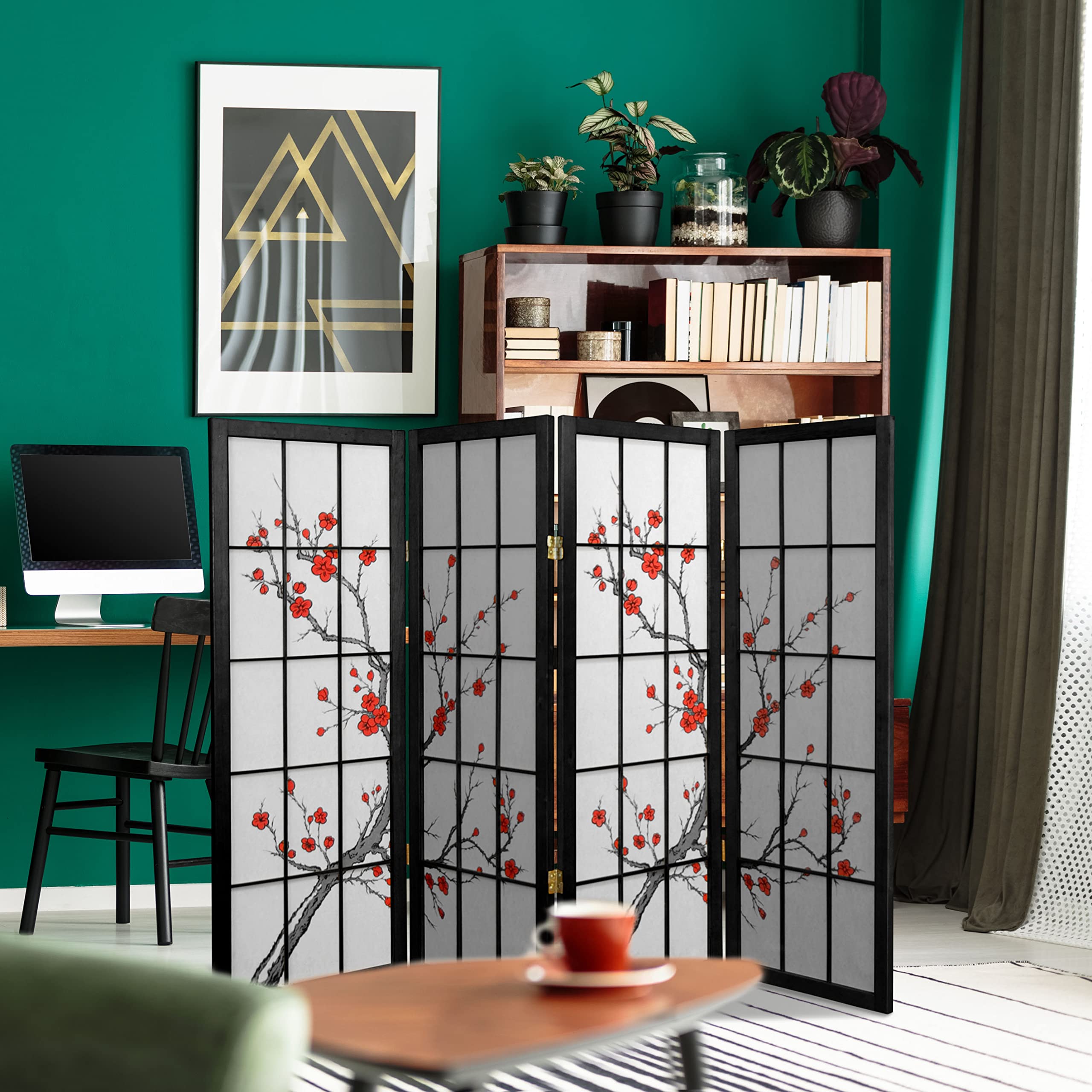 4 ft. Short Cherry Blossom Shoji Screen - Black - 4 Panels | Japanese Room Divider | Privacy Screen for Home, Office & Meditation Spaces