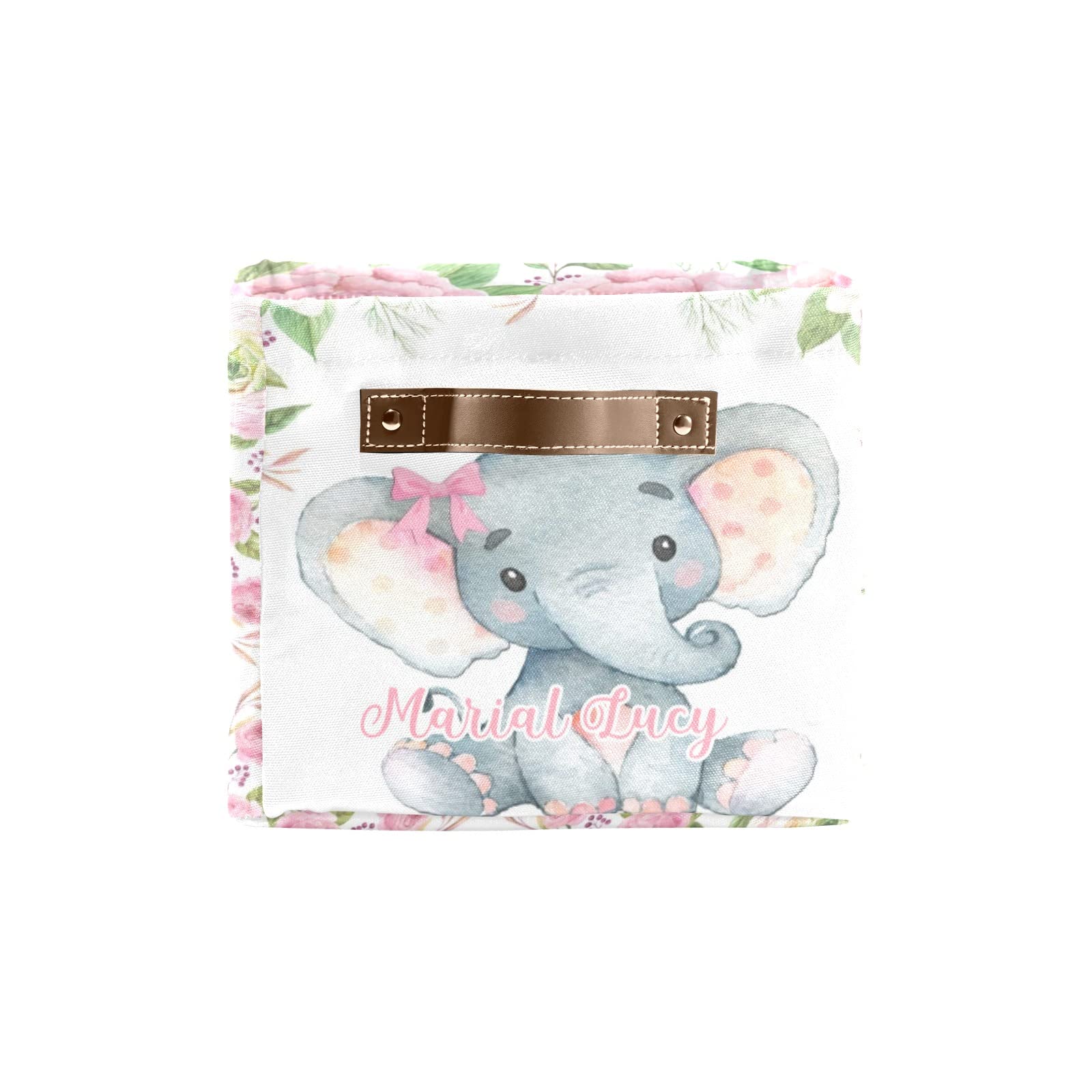 Personalized Pink Roses Elephant Storage Bins - 4 Pack Durable Cube Organizers with Handles for Nursery, Wardrobe, Shelves & Toy Organization | Perfect for Kids' Room Decor & Clutter Control