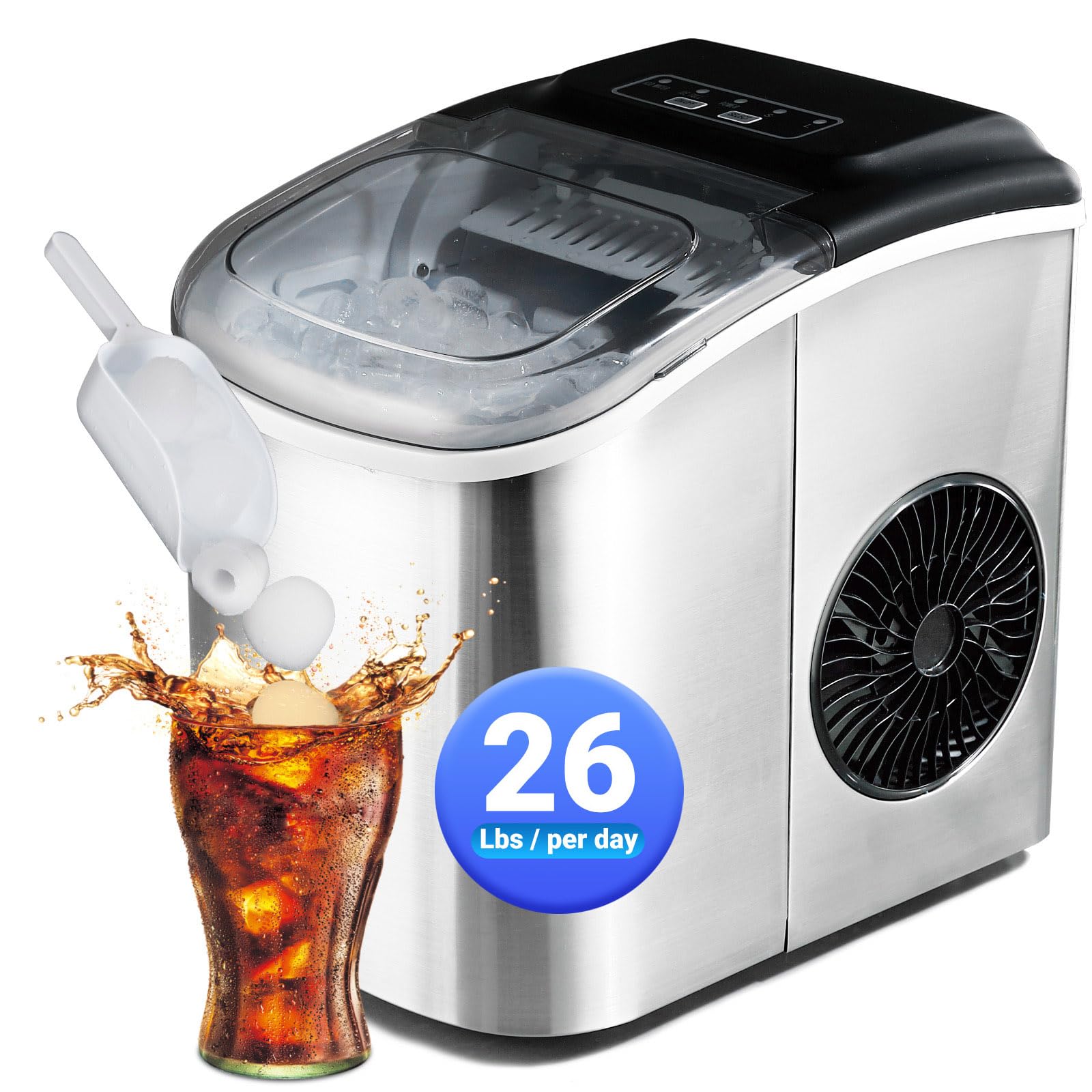 Portable Countertop Ice Maker Machine - 26lbs/24Hrs, Makes 9 Ice Cubes in 6 Minutes, Self-Cleaning with Ice Basket & Scoop - Perfect for Home, Kitchen, Office, Camping, RV & Outdoor Parties