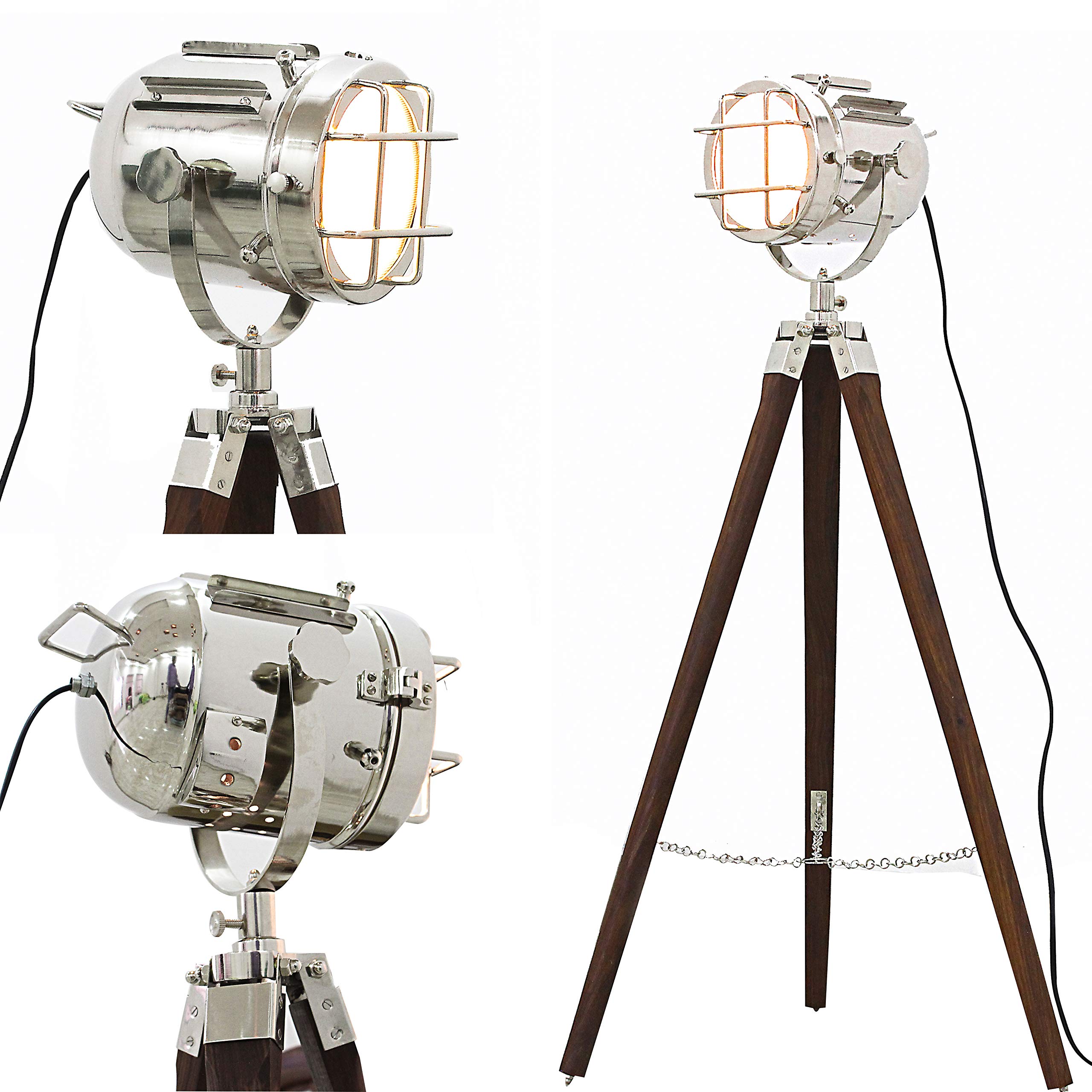 Vintage Hollywood Studio Lamp Style Floor Spotlight - Nickel Chrome Silver & Brown Tripod for Home Theater, Photography, and Vintage Decor