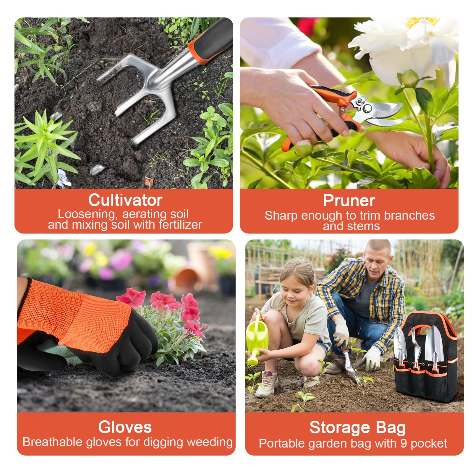 8-Piece Heavy Duty Garden Tools Set with Non-Slip Ergonomic Handles & Storage Bag - Durable Gardening Kit for Women & Men - Perfect for Planting, Weeding, and Landscaping (Orange)
