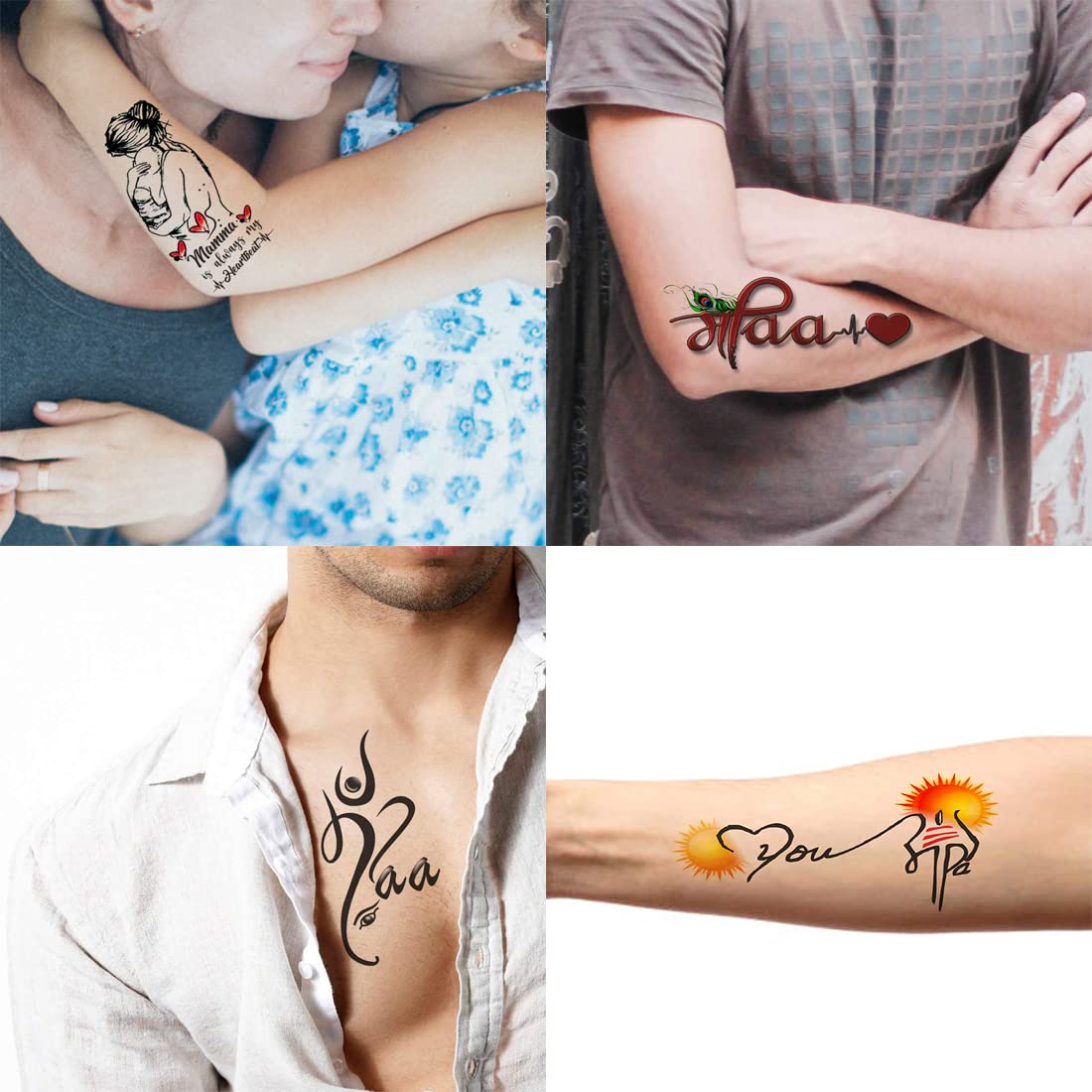 Pack of 4 Temporary Tattoo Stickers - Maa Paa Black Design for Men & Women (2x4 Inch) | Waterproof Fake Body Art for Parties, Festivals & Costume Events