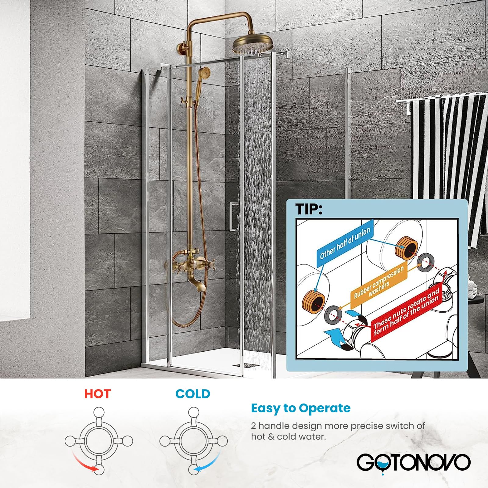 Gotonovo 8 Inch Round Rain Shower Head with Double Cross Handle & Tub Spout - 3 Function Wall Mounted Bathroom Shower Faucet Set in Antique Brass - Perfect for Modern & Vintage Bathroom Renovations