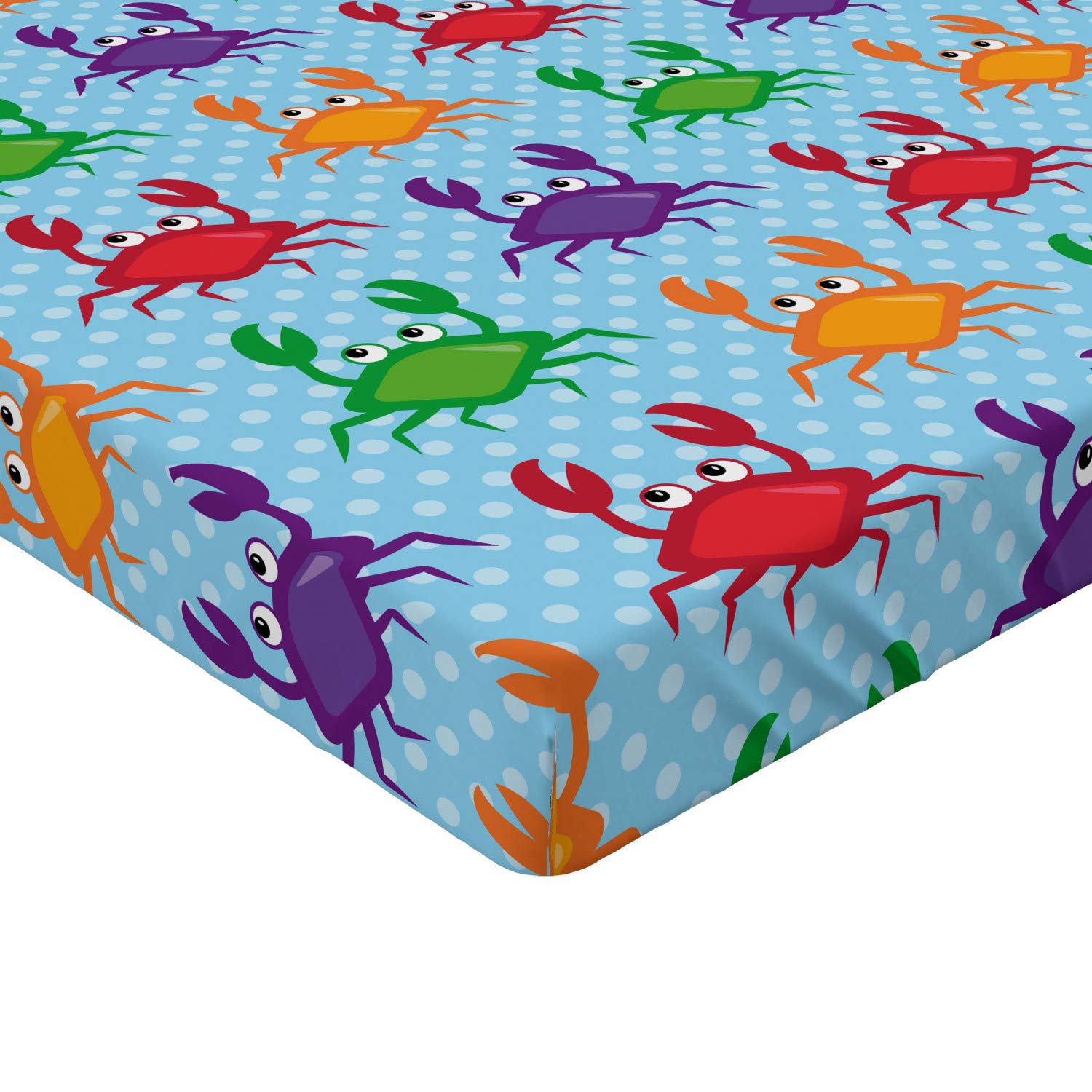 Ambesonne Crabs Fitted Sheet - Queen Size Cartoon Art Style Crab Print with Blue Background & Bubbles - Deep Pocket All-Around Elastic Bed Cover - Perfect for Kids' Rooms, Beach Themed Decor & Coastal Home Bedding