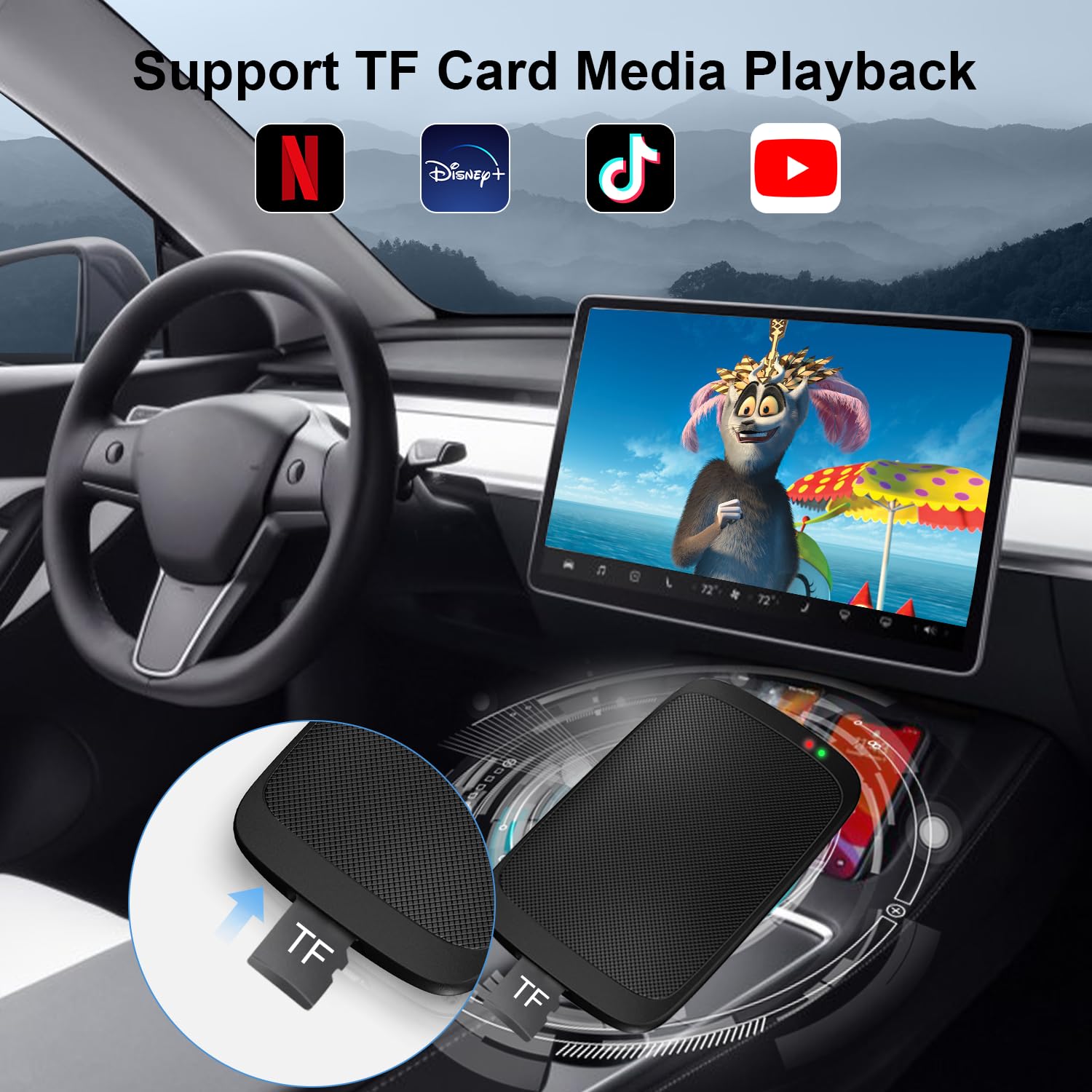 4 in 1 Wireless CarPlay Adapter - Wireless Apple CarPlay & Android Auto Dongle with YouTube/Netflix/TikTok/Play Store Support, TF Card Slot & Screen Mirroring - Convert Wired to Wireless for Seamless Streaming in Your Car | Perfect for Long Road Trips & Daily Commutes
