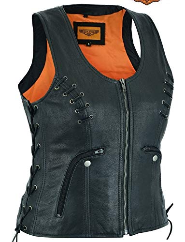 Milwaukee Riders Women's Black Side Lace Leather Motorcycle Vest - Adjustable Fit with Patches - Perfect for Biker Chicks, Motorcycle Rallies & Casual Outfits (Size S)