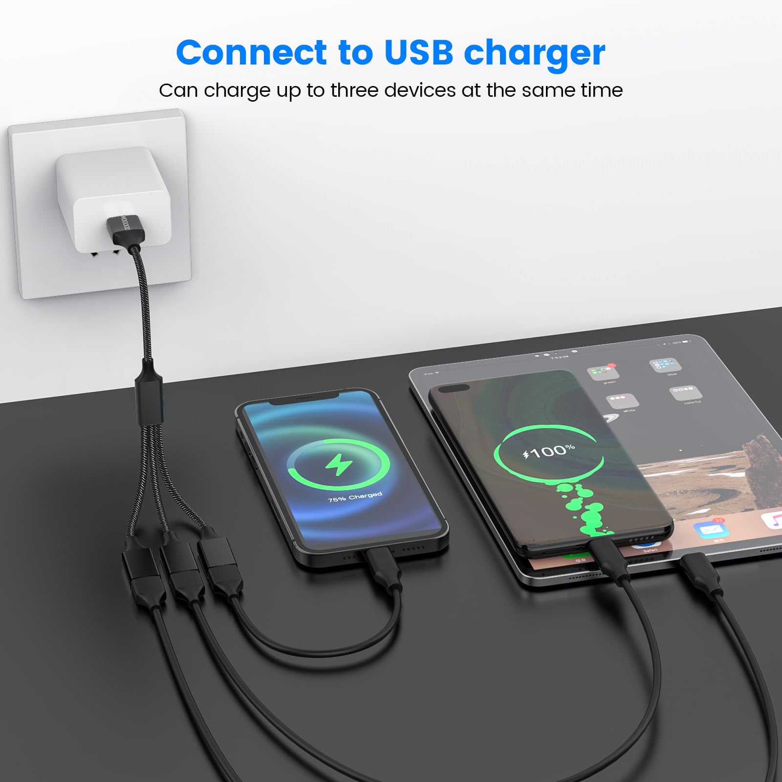 3 in 1 USB Splitter Cable - 1 Male to 3 Female USB 2.0 Adapter for Charging & Data Transfer - Compatible with Laptop, Mac, PC, Phone - Multi-Port USB Hub Extension for Home, Office & Travel Use