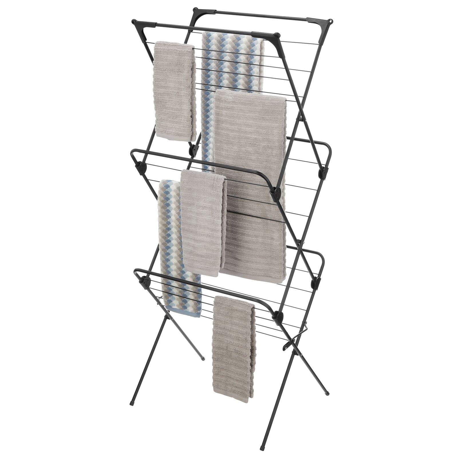 mDesign Tall Metal Foldable Laundry Drying Rack - Space-Saving Clothes Drying Stand with 27 Rods & 46 Feet Hanging Space - Portable, Collapsible for Storage - Perfect for Apartments, Dorms, Travel & Small Spaces - Black
