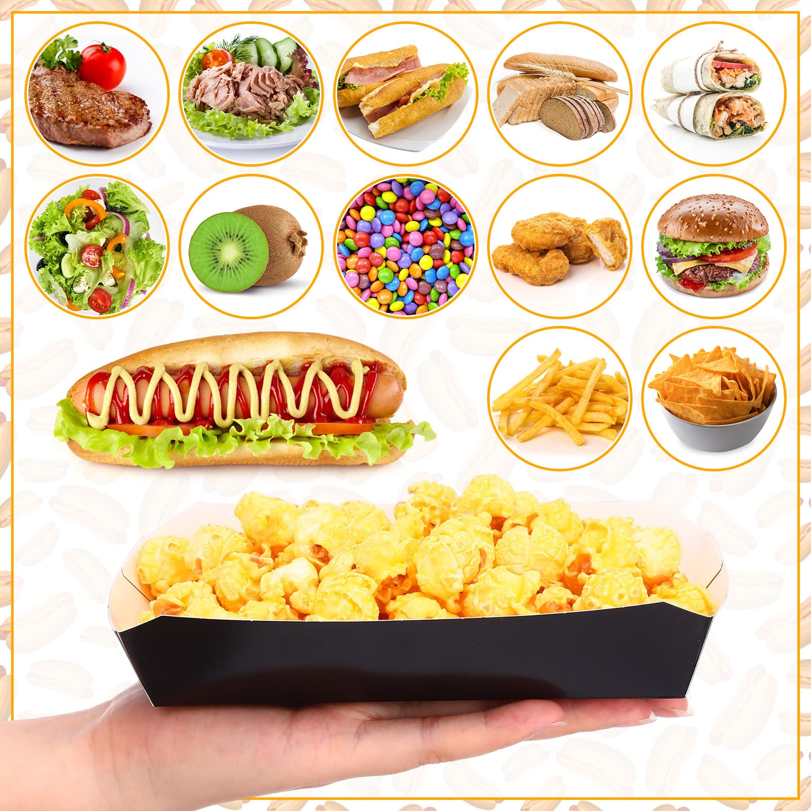200 Pcs 7 Inch Disposable Black Paper Food Trays - 2lb Capacity Nacho Boats & Hot Dog Containers for BBQ, Parties, Festivals | Perfect for Serving French Fries, Tacos, Corn & Takeout Food