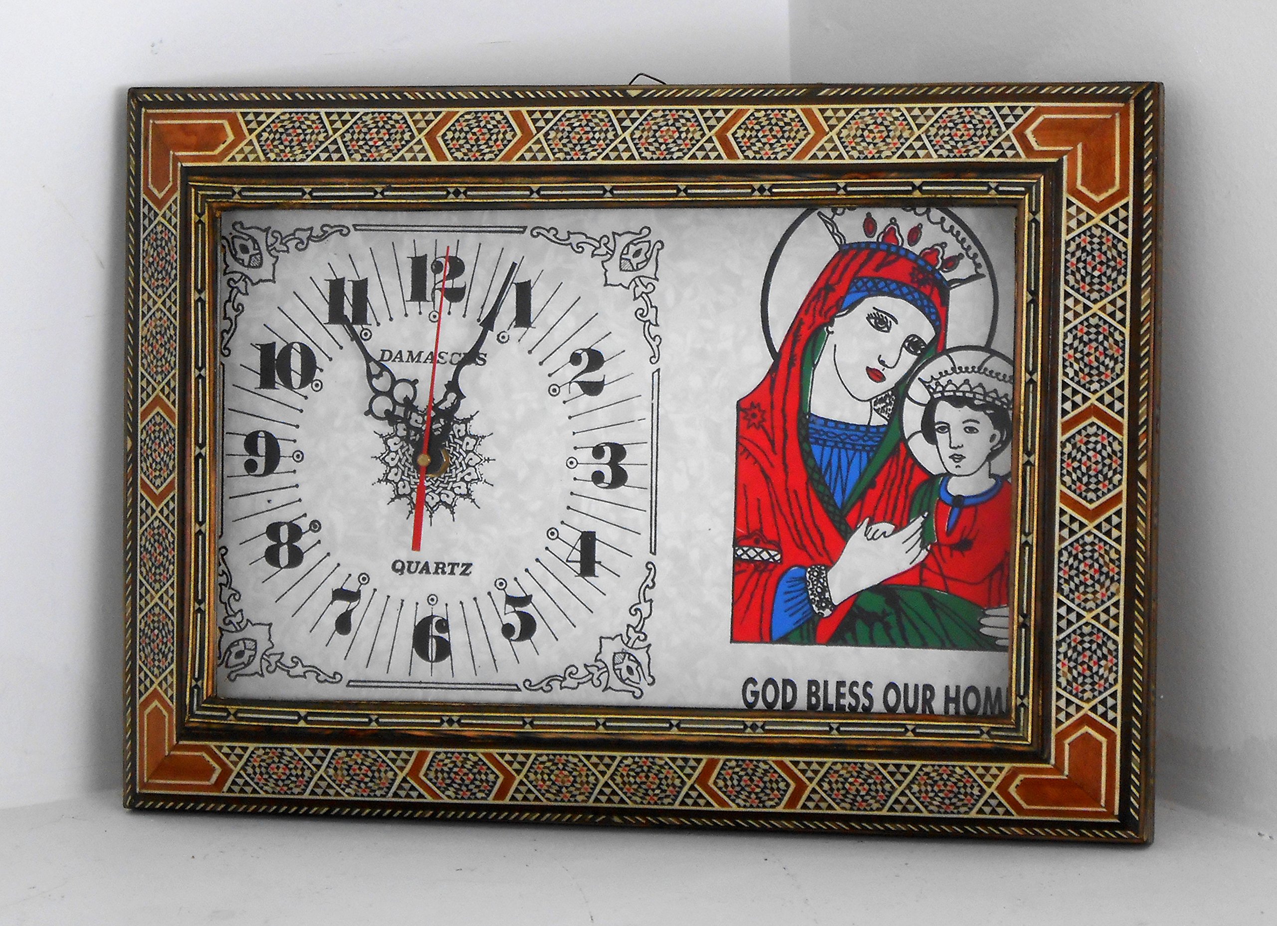Christian Oriental Wall Clock - God Bless Our Home with St Mary Holding Jesus - Elegant Home Decor for Living Room, Bedroom & Church