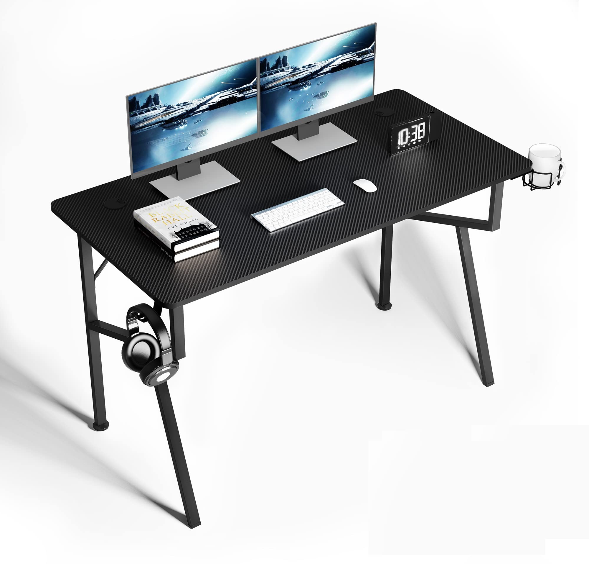 47 Inch Gaming Desk with Mouse Pad, Headset Hook & Cup Holder - Compact Computer Desk for Small Spaces, Ergonomic Design for PC & Console Gamers - Perfect for Home Office, Dorm Room & Gaming Setup (Black)