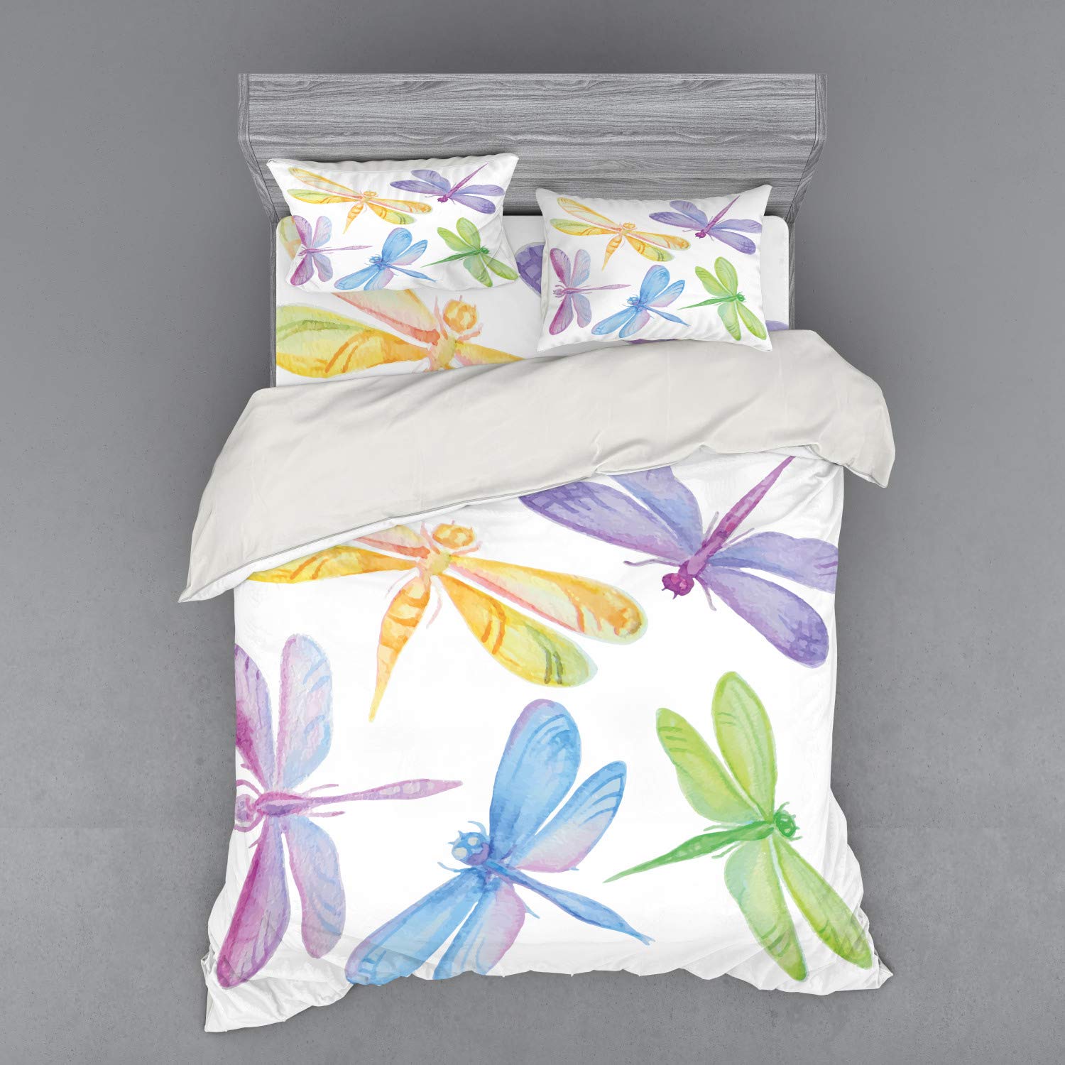 Ambesonne Dragonfly Duvet Cover Set - Queen Size 3-Piece Bedding with Sham & Fitted Sheet | Colorful Watercolor Winged Bugs Spring Design | Soft & Breathable for Bedroom Decor | Perfect for Guest Rooms, Dormitories & Seasonal Home Styling