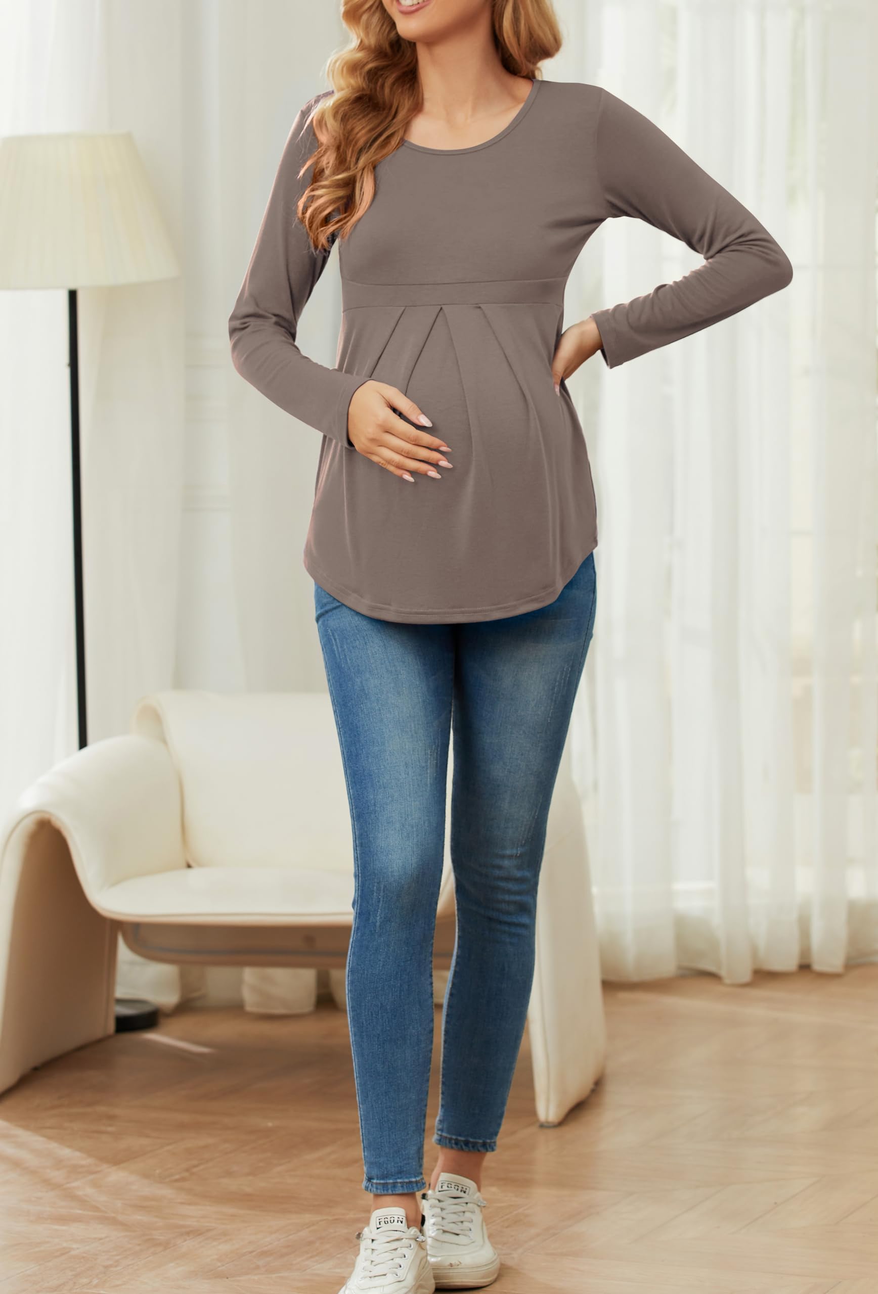 Women's Maternity Tops - Short & Long Sleeve Round Neck Peplum Tunic Tops for Pregnancy - Comfortable Casual Maternity Shirts for Work, Daily Wear & Nursing