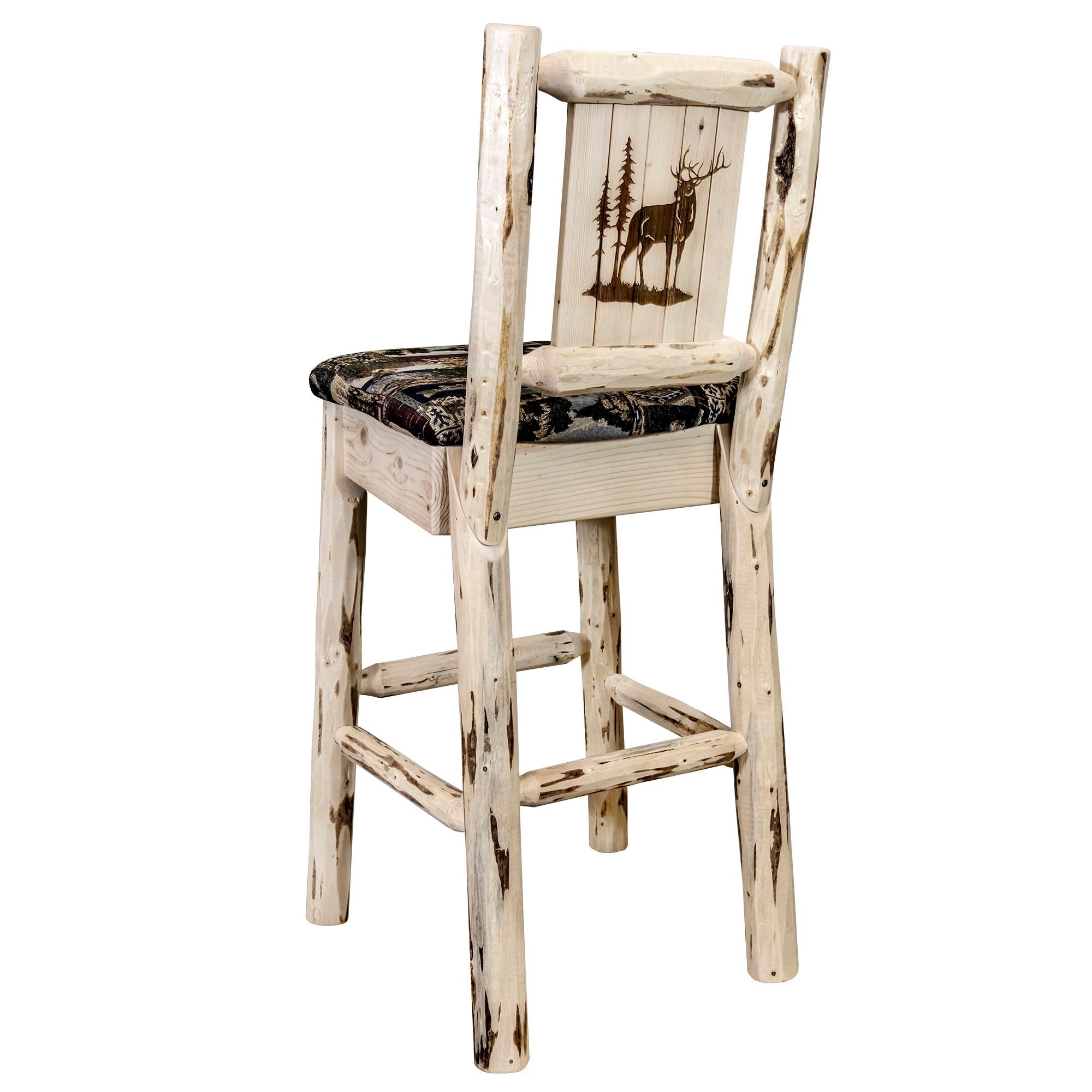 Montana Barstool with Back - Rustic Woodland Upholstery & Laser Engraved Design - Unfinished DIY Project - Perfect for Home Bar, Kitchen Island, and Cabin Decor