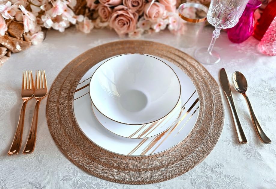 120-Piece Pressed Vinyl Metallic Placemats Set - Elegant Rose Gold Wedding Table Decor for Banquets, Parties & Home Dining - Waterproof & Reusable Table Mats