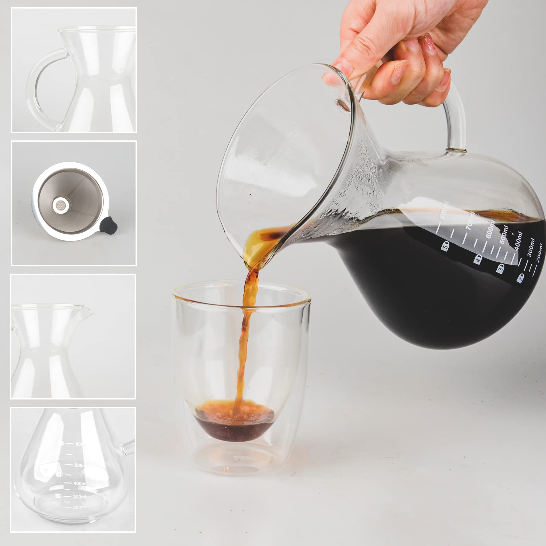 Premium T-mark Pour Over Coffee Maker with Reusable Stainless Steel Filter - 600ml BPA-Free Glass Carafe - Ideal for Home, Office & Camping Brewing