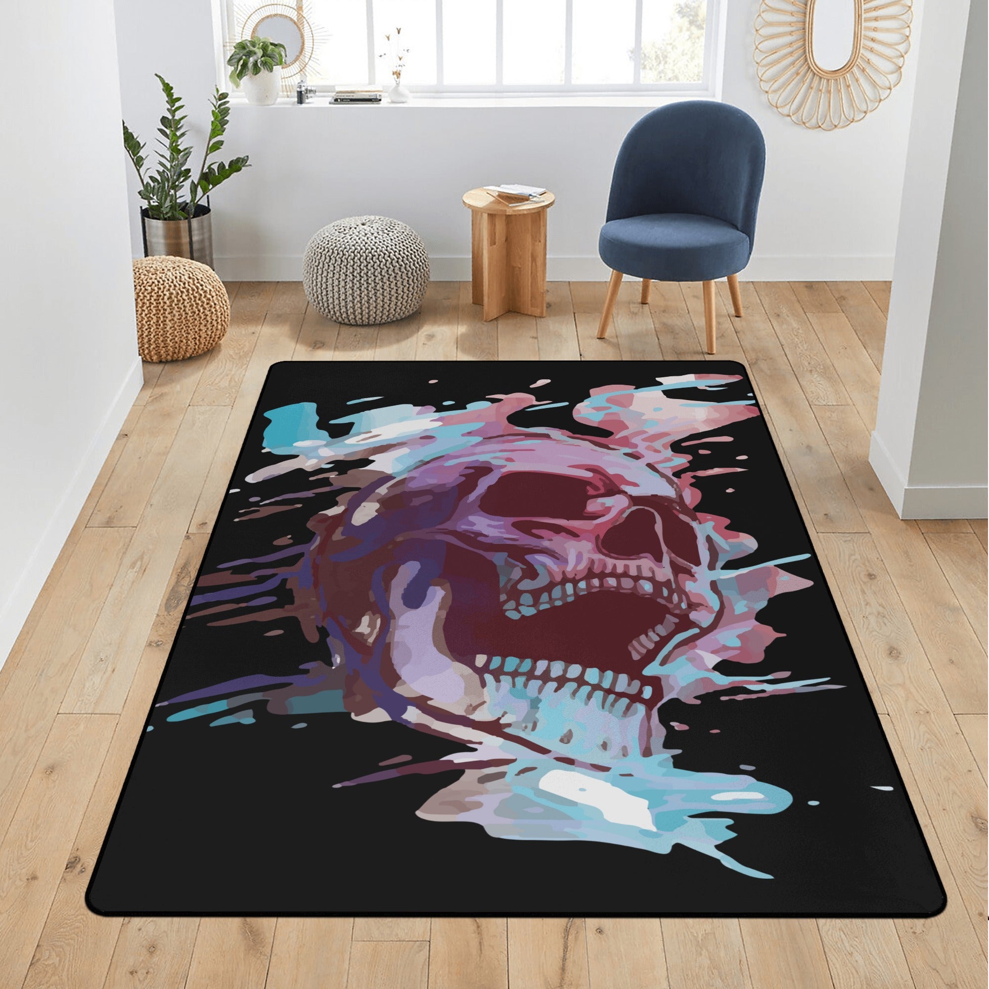 Hand-Painted Skull Design Area Rug - Soft & Durable Living Room Carpet for Gothic Decor, Halloween, or Bohemian Style Home