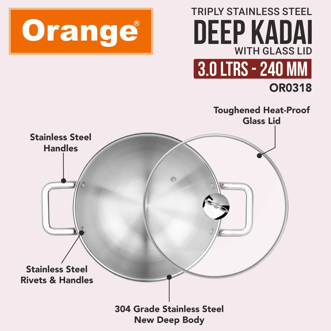 Premium Orange Triply Stainless Steel Cookware Set - 3-Piece Induction Compatible Combo (24cm Deep Kadai, 22cm Fry Pan with Tempered Glass Lid) | Durable & Even Heating | Perfect for Indian Cooking, Stir-Frying & Family Meals