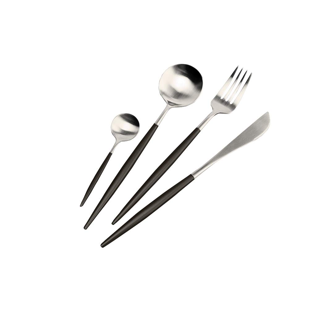 Premium 18/10 Stainless Steel Flatware Set - Matte Black & Silver 4-Piece Dinnerware Cutlery Set with Steak Knife, Fork, Spoon & Coffee Spoon | Durable Two-Tone Tableware for Restaurants, Dinner Parties & Home Use