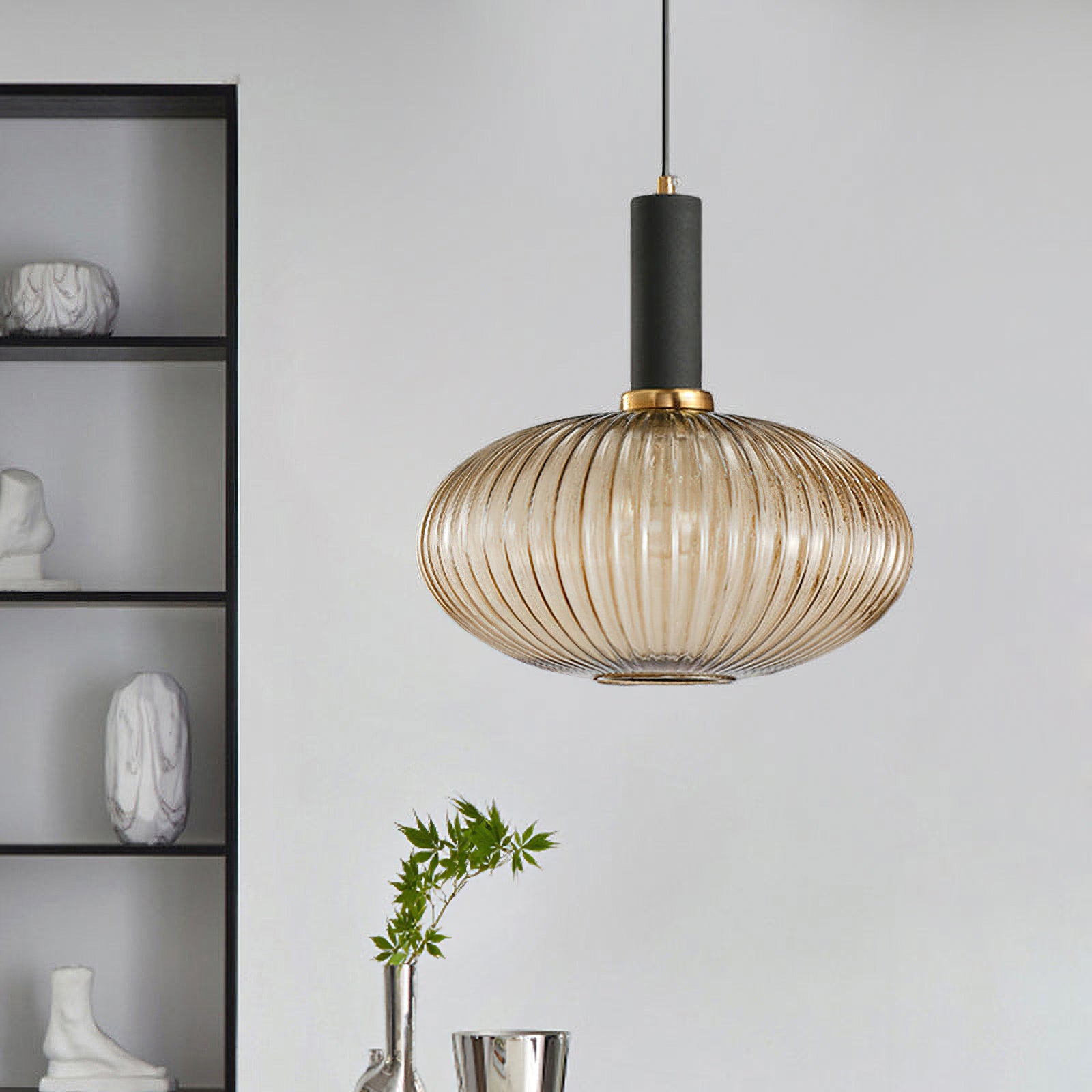 Modern Oval Reeded Glass Pendant Light - Sleek Farmhouse Ceiling Fixture for Kitchen Island, Dining Room & Bedroom Lighting