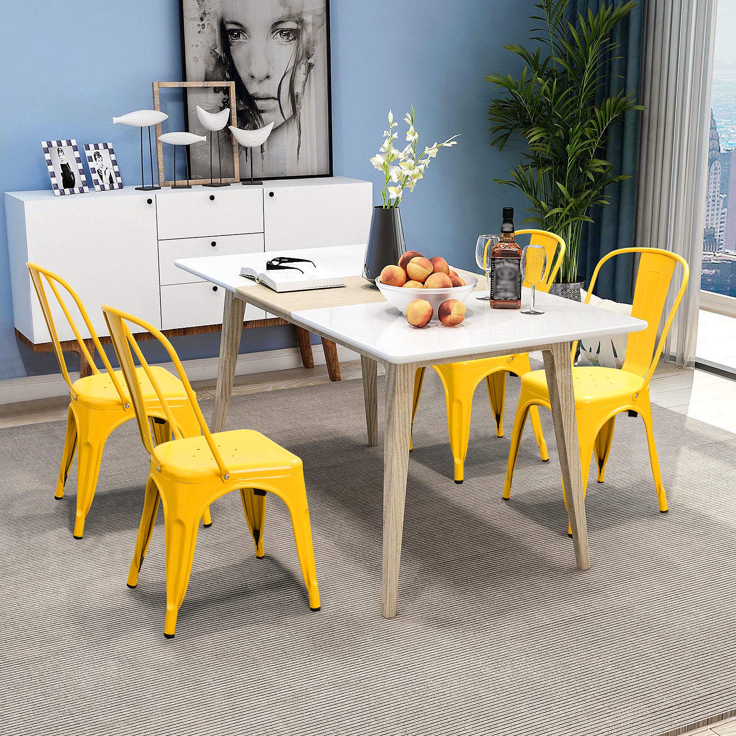 **Distressed Style Metal Indoor-Outdoor Stackable Dining Chairs Set of 4 - Yellow | Kitchen, Patio, Garden & Side Chairs for Home & Restaurant Use**