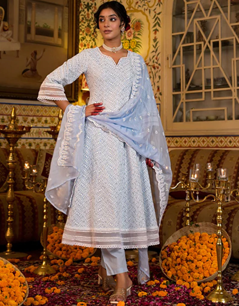 Anarkali Kurta Trouser with Dupatta Set - Sky Blue Pure Cotton Pant Suit for Women | Traditional Indian Ethnic Wear for Festivals, Weddings & Special Occasions