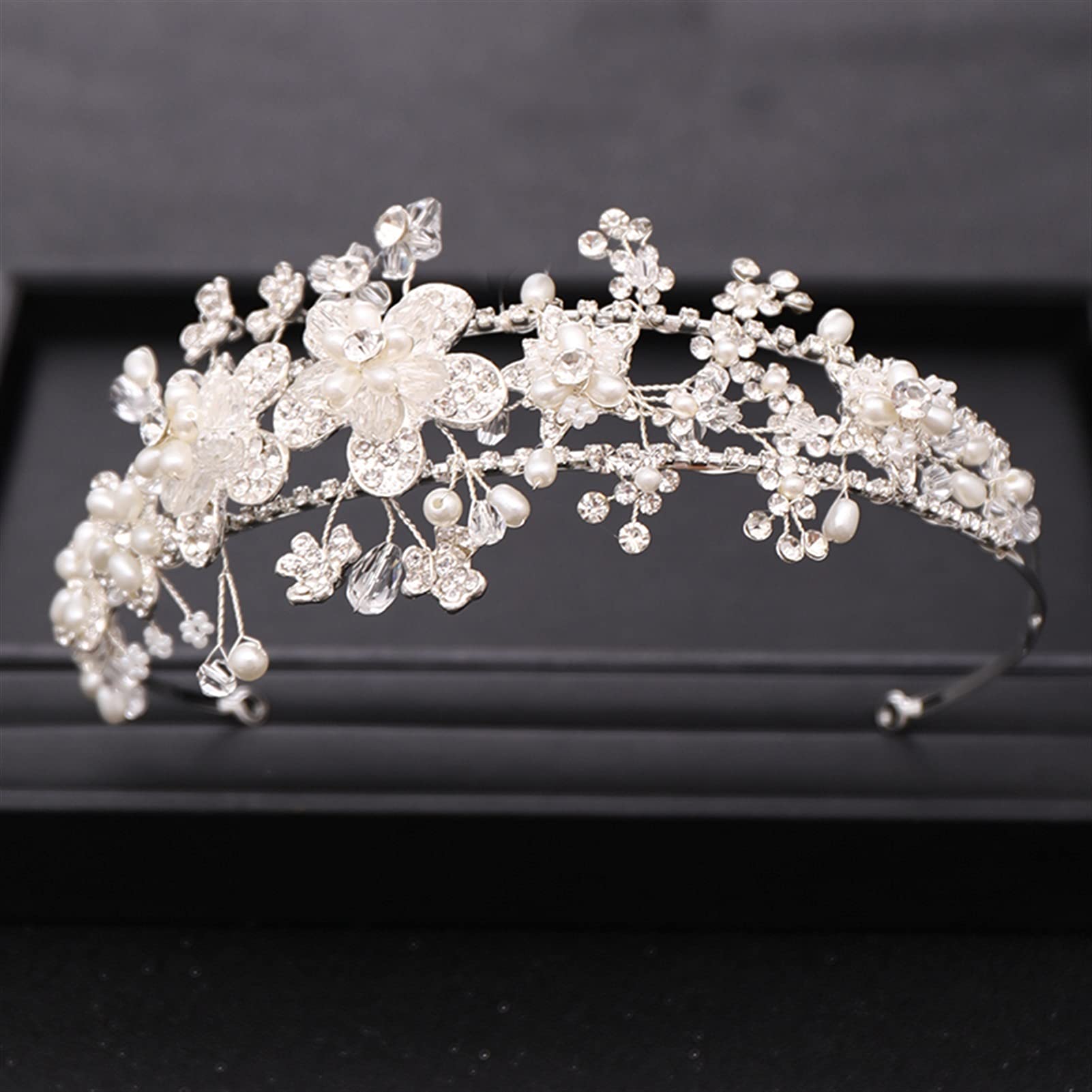 Elegant Silver Flower Wedding Tiara with Rhinestones & Pearls – Bride Hair Accessories for Princess Headband & Headdress – Perfect for Weddings, Prom, and Special Occasions