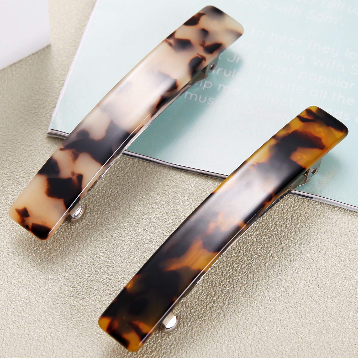 2PCS French Style Hair Barrettes - Tortoise Shell Celluloid Rectangle Hair Clips for Women - Perfect for Weddings, Parties & Everyday Elegance
