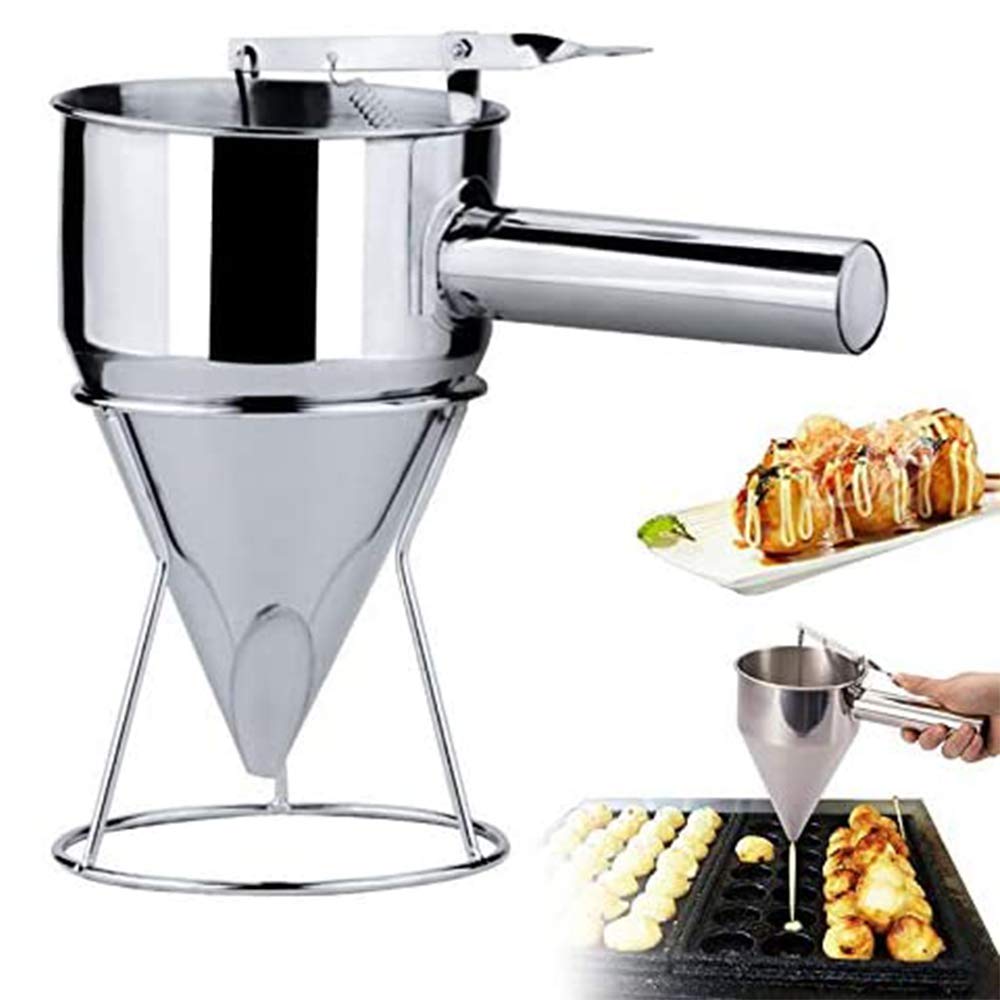Stainless Steel Batter Dispenser - Octopus Balls Piston Funnel Tool with Handle & Rack for Precise Dispensing - Perfect for Home Kitchen, Bakery, Takoyaki & Pancake Making